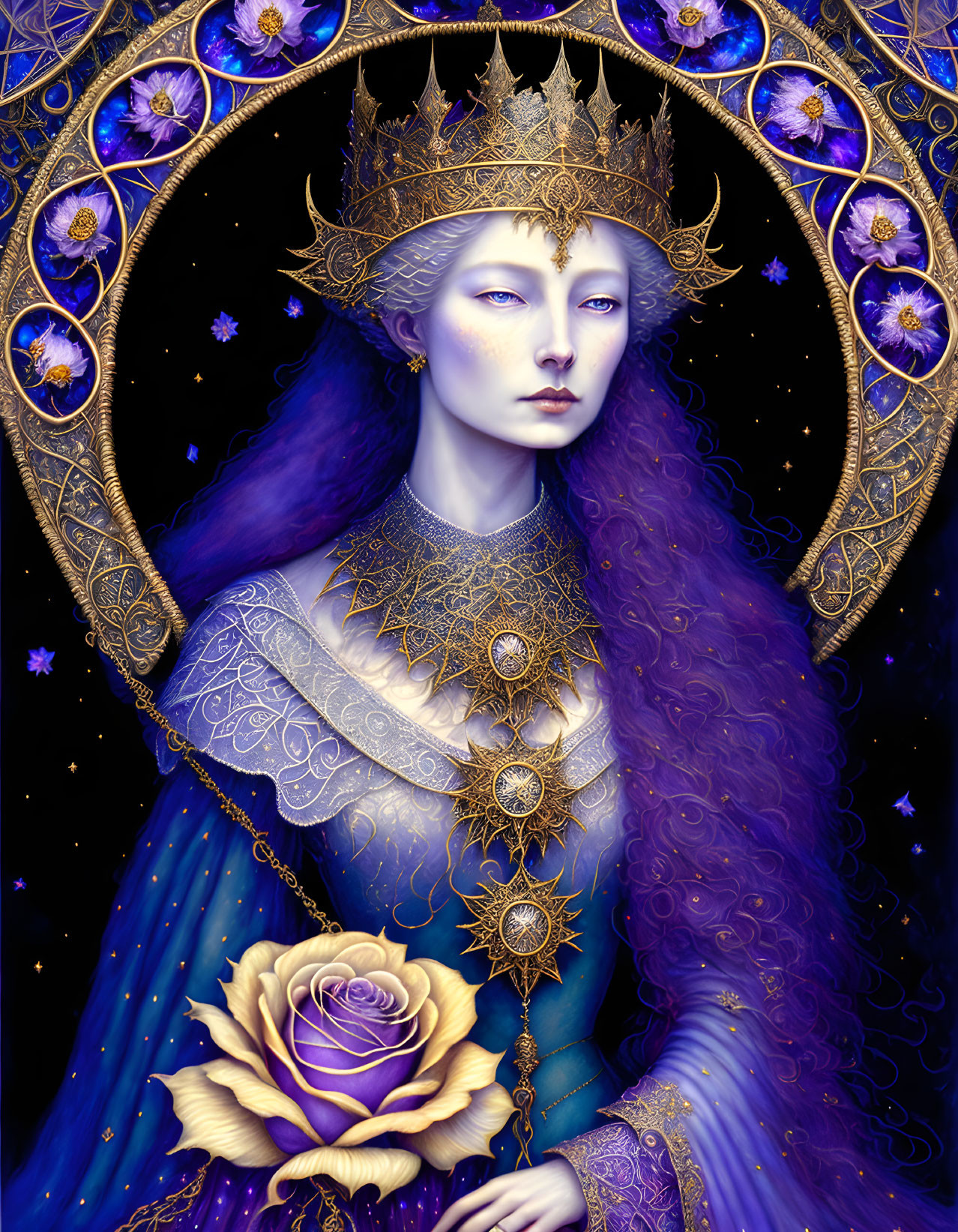 Regal purple figure with golden crown and rose on celestial background