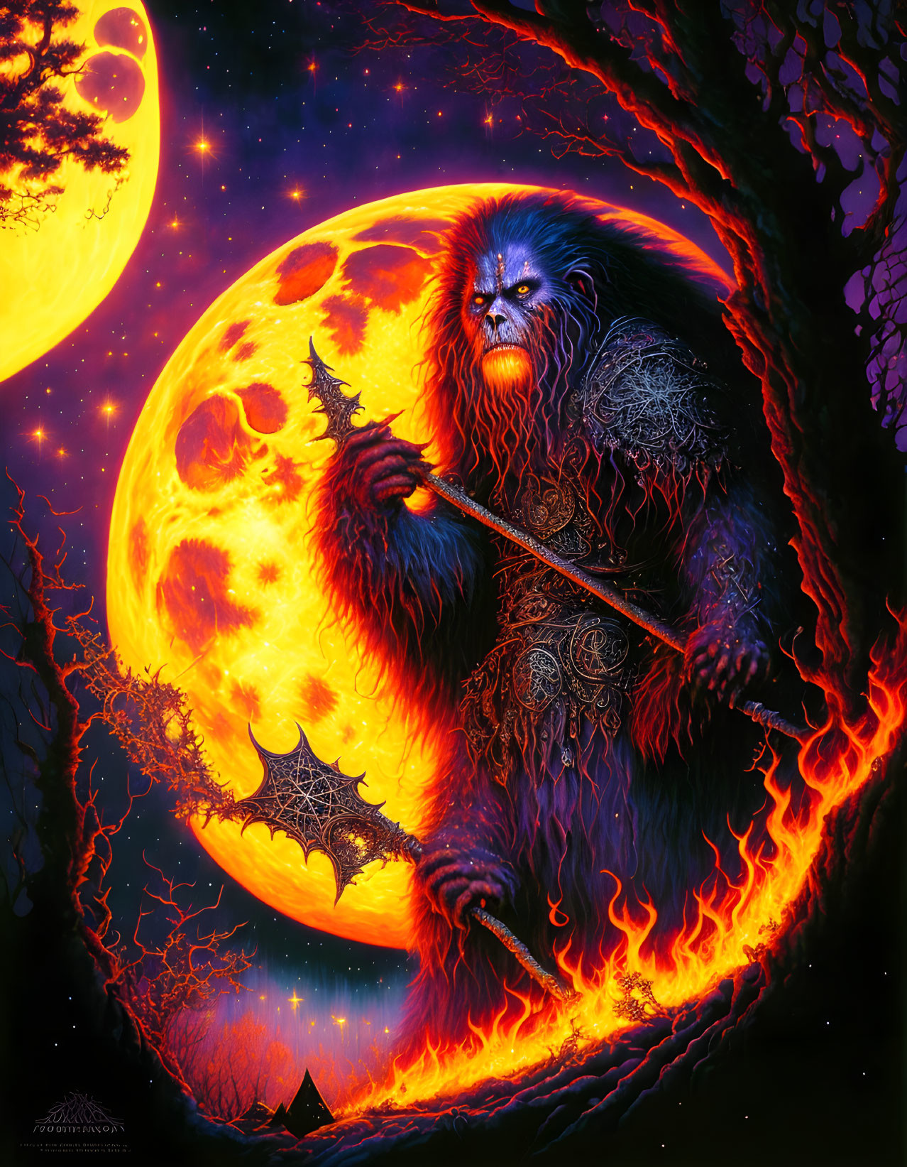 Werewolf-like creature with staff in front of yellow moon.