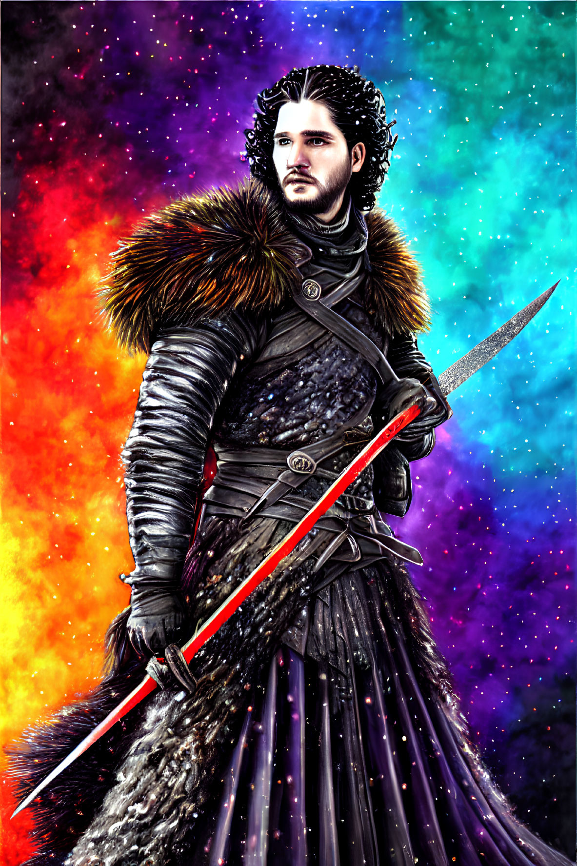 Illustration of medieval warrior in fur cloak and armor with sword on cosmic backdrop