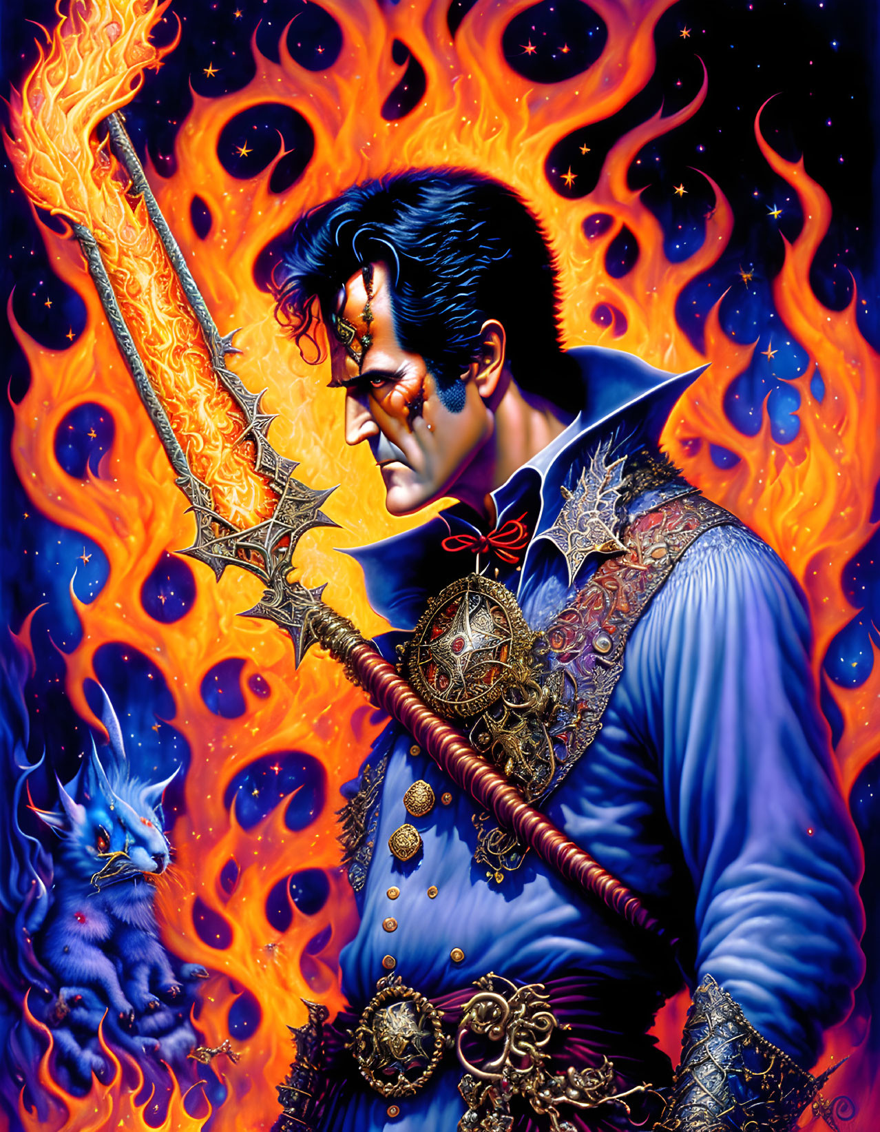 Fantasy character in ornate renaissance attire with flaming sword and blue creature.