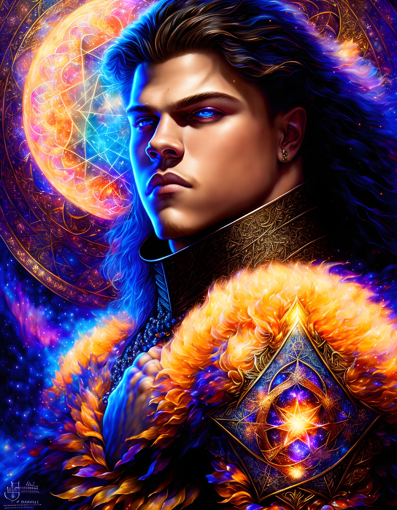 Man with Intense Blue Eyes and Cosmic Imagery Portrait