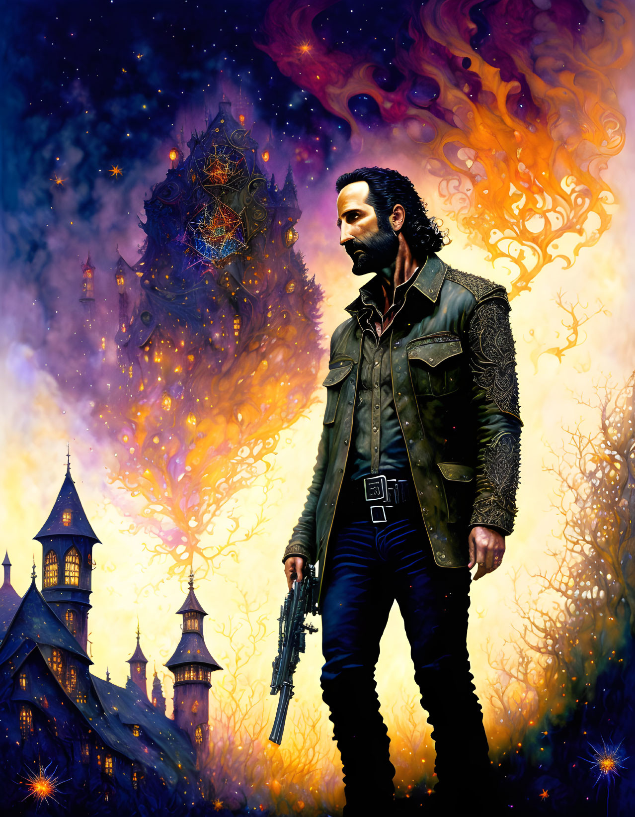 Bearded man in leather jacket with gun in front of fiery nebula and gothic buildings