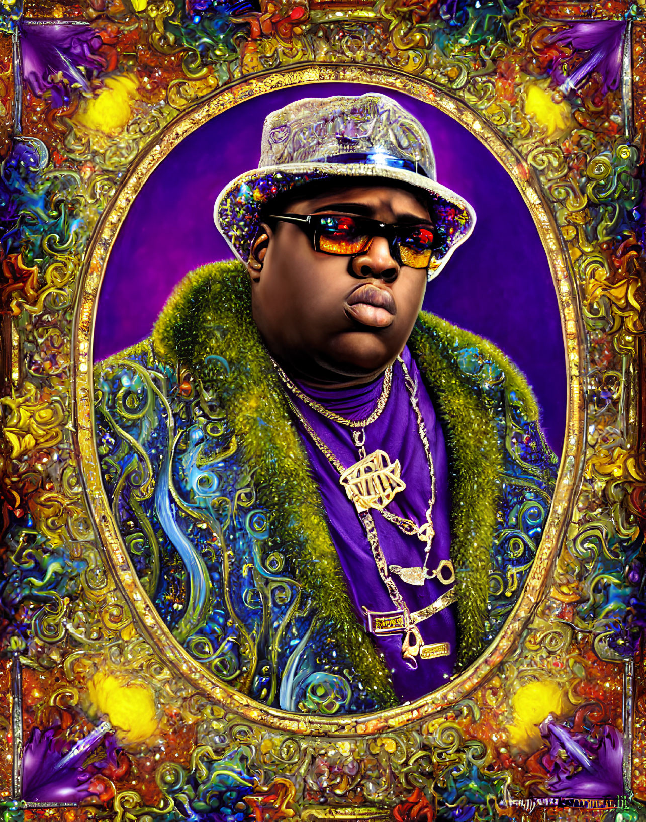 Colorful Stylized Portrait of Man with Sunglasses and Hat in Ornate Oval Frame