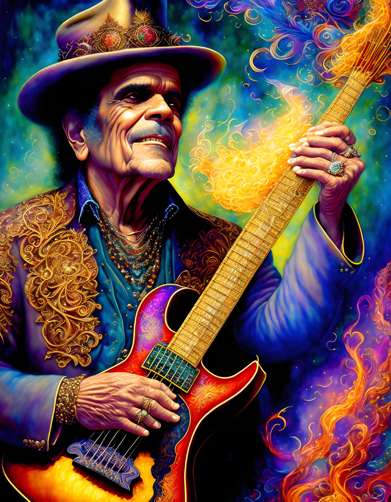 Vibrant illustration: Smiling man with hat holding flame guitar