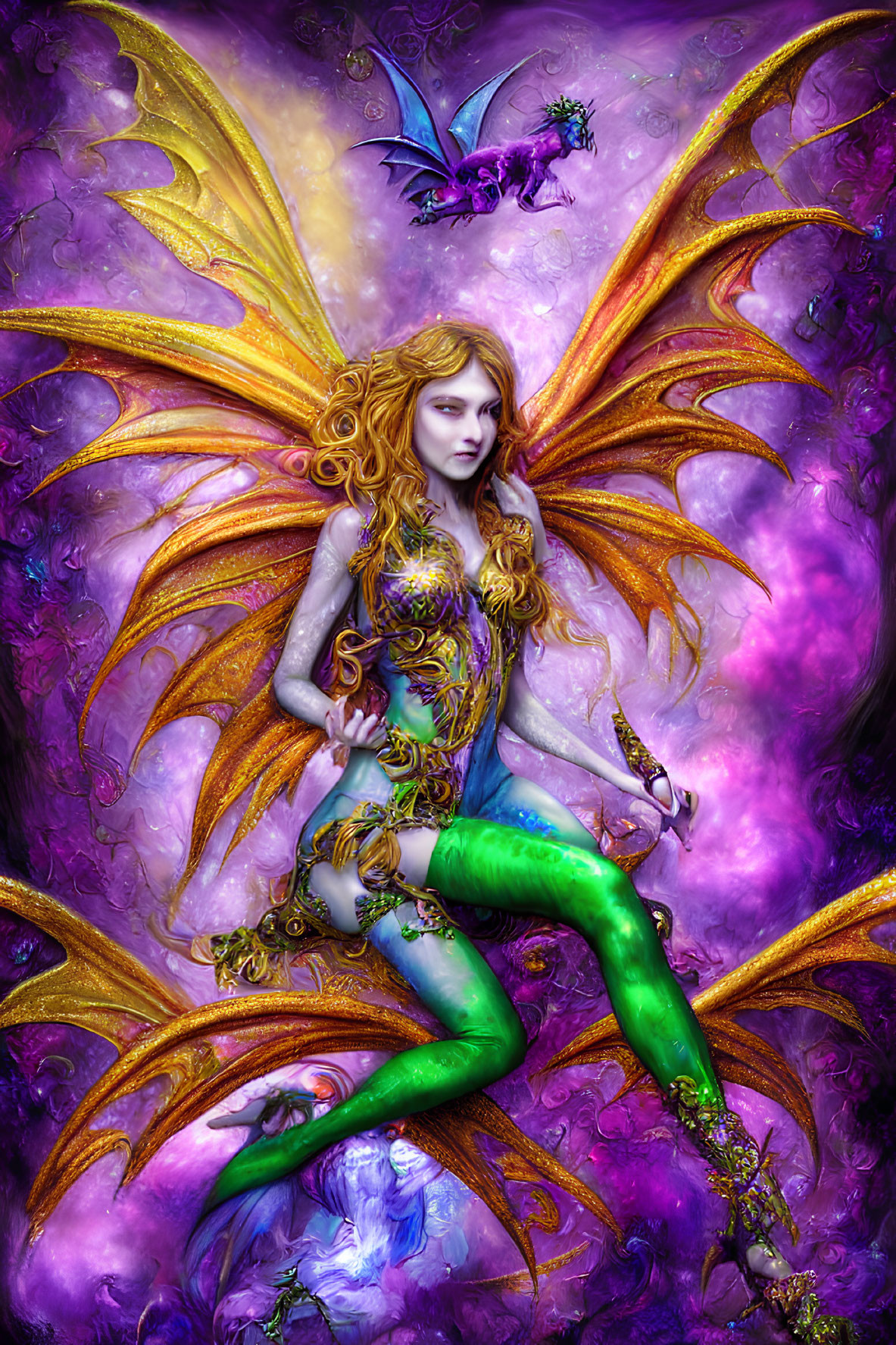 Golden-haired fairy with ornate wings in green attire on mystical purple backdrop.