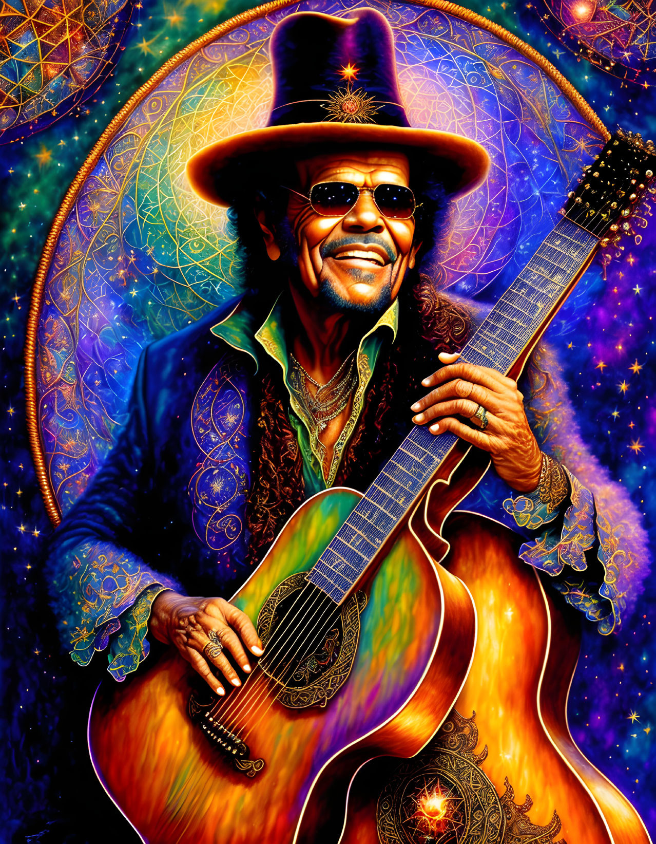 Colorful painting of a smiling man playing guitar in psychedelic scene