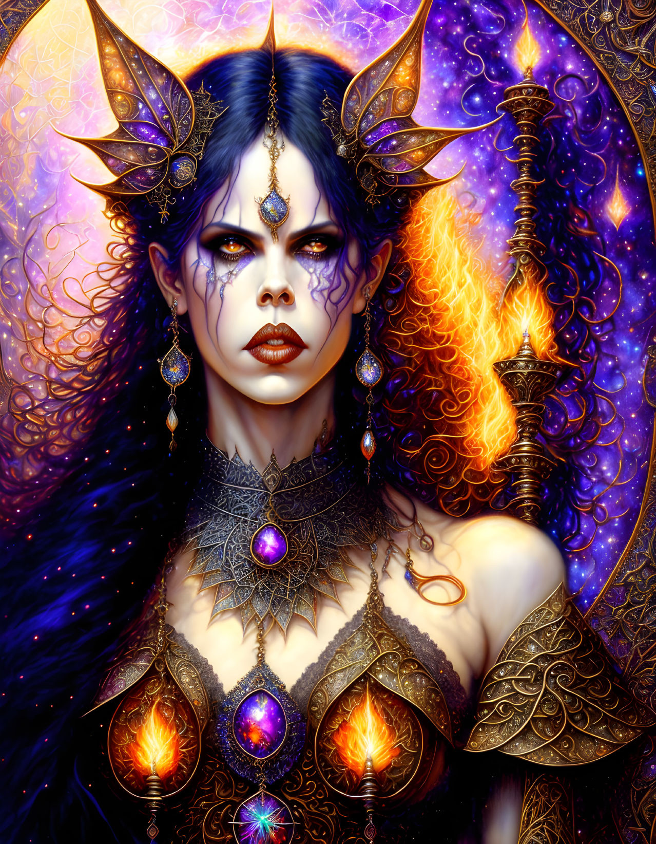 Fantasy illustration of woman with dark hair and fiery jewelry holding a flaming staff