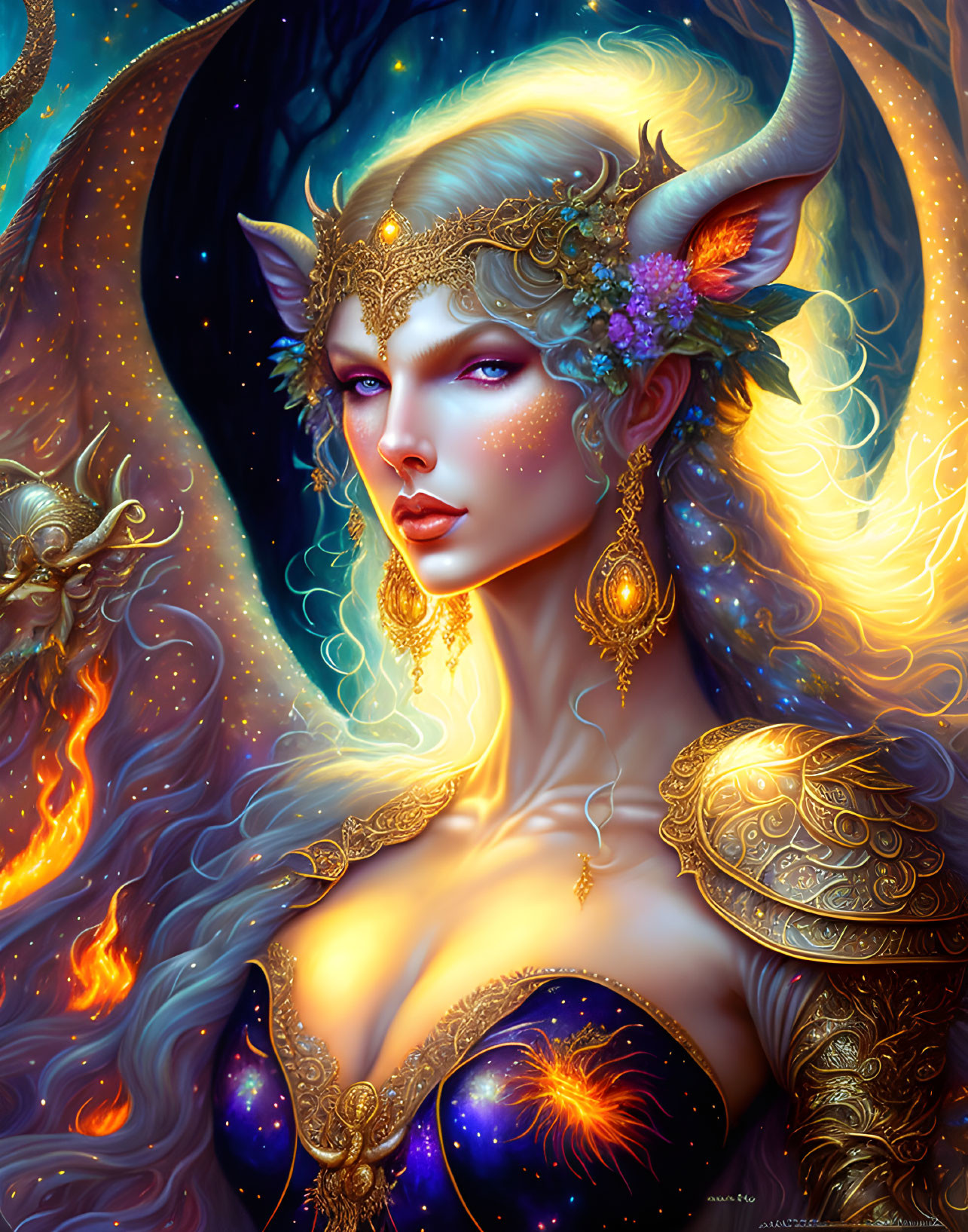 Fantasy female figure with horns and golden jewelry in cosmic setting