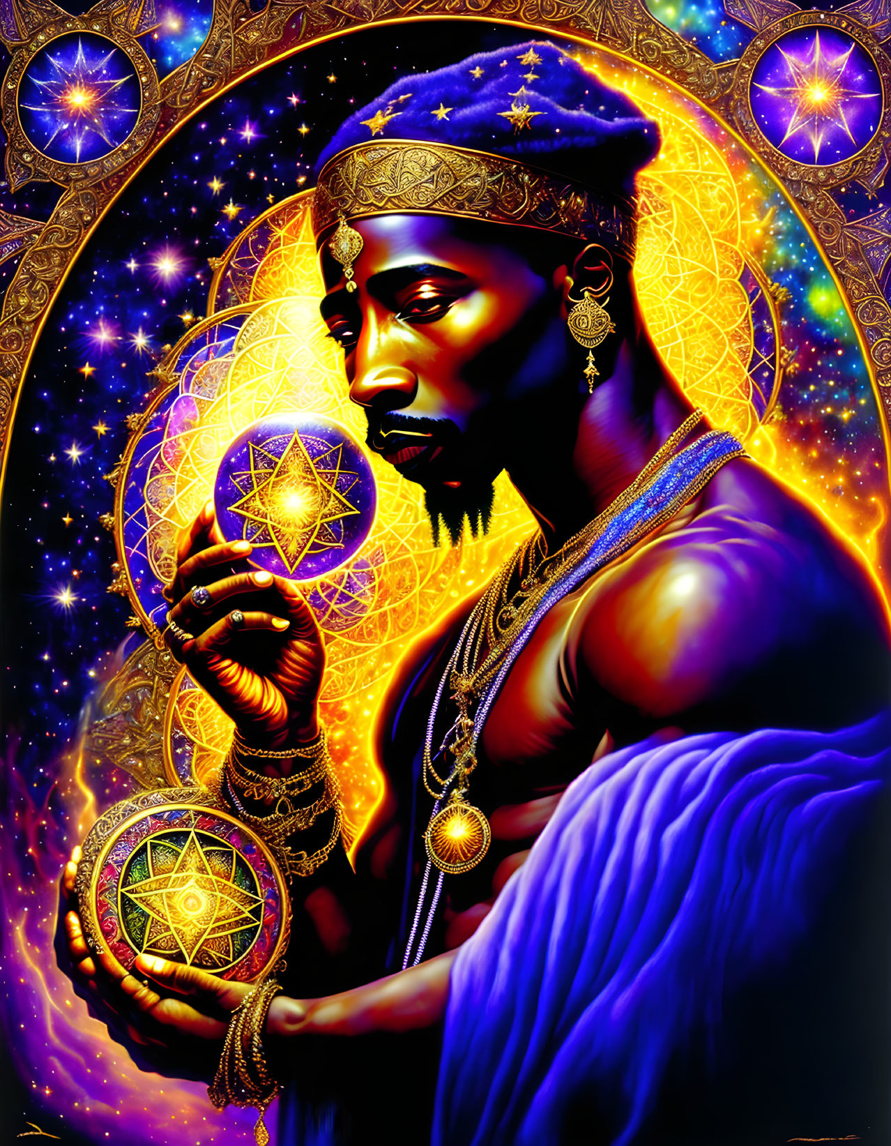 Regal figure holding glowing orb in cosmic setting