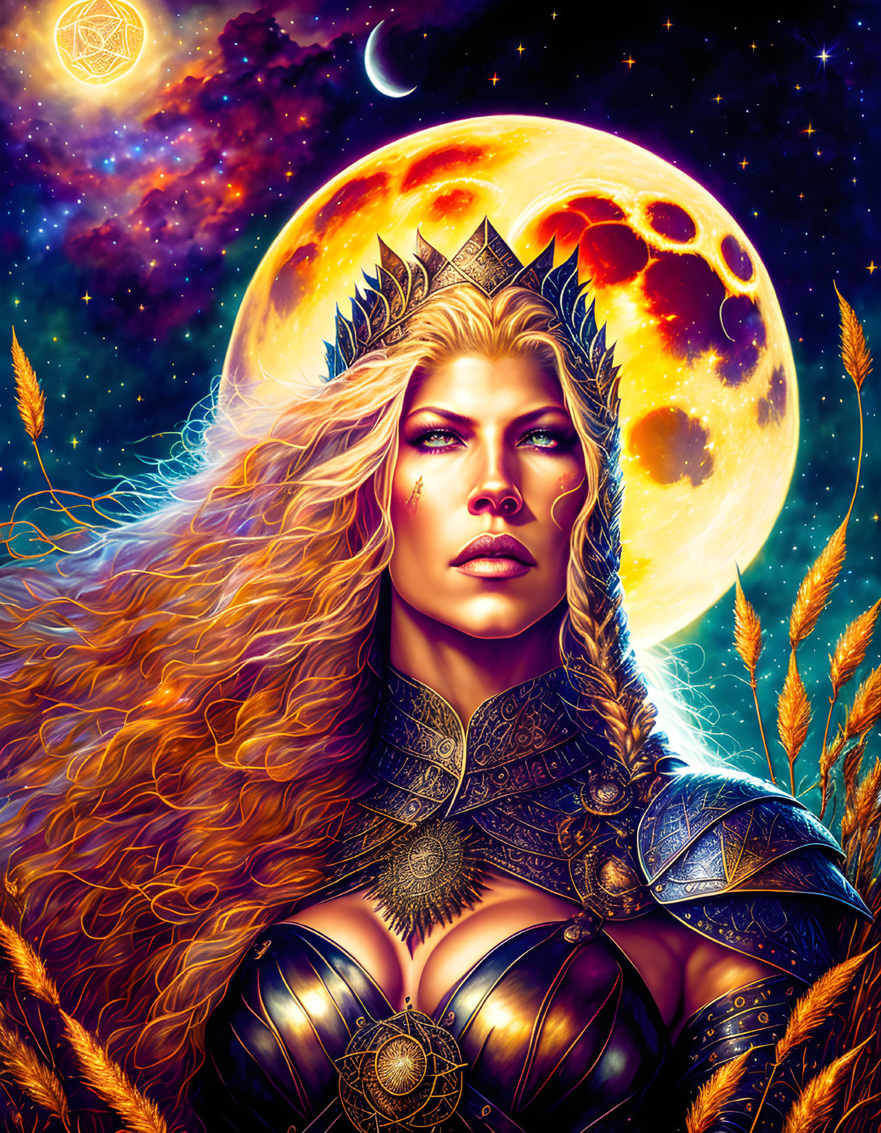 Regal woman with golden hair and armor in cosmic setting