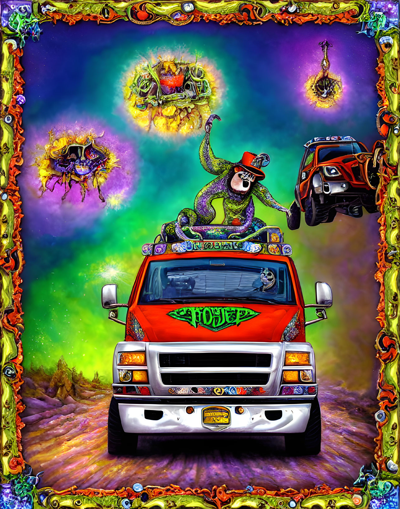 Colorful Psychedelic Image: Man Surfing on Snake Above Decorated Van