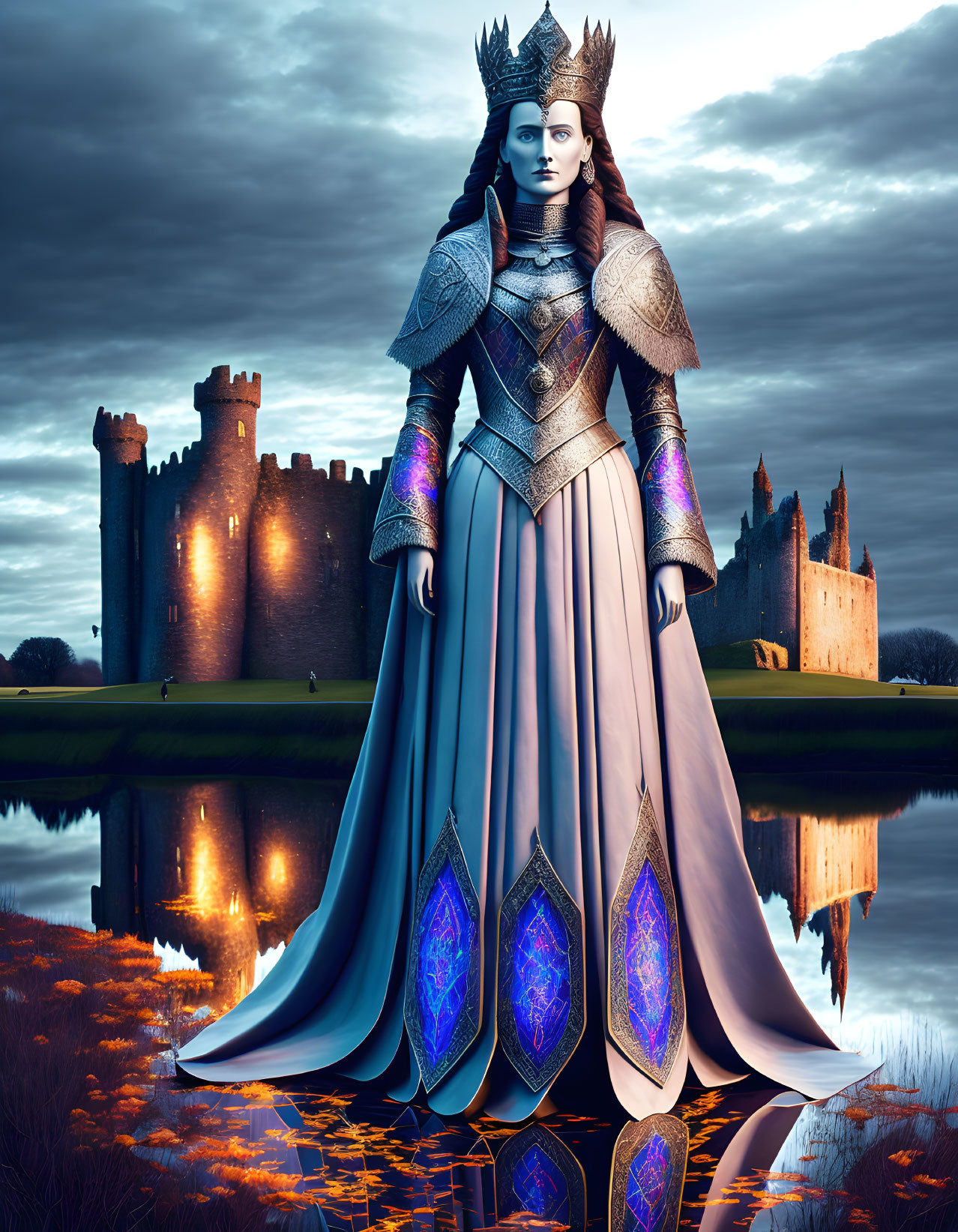 Regal woman in ornate armor and flowing gown by castle at dusk