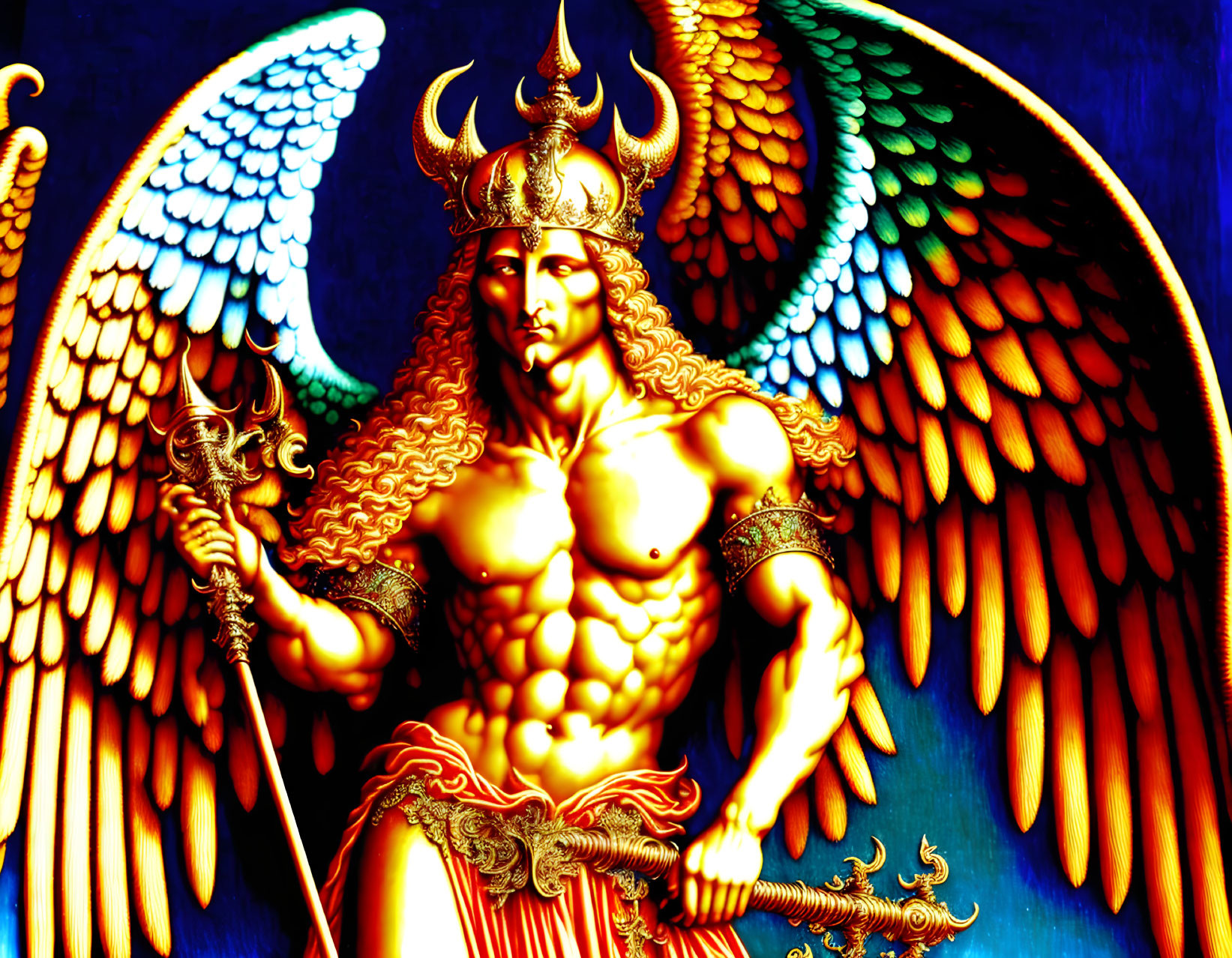 Muscular winged humanoid with helmet and spear in golden and blue hues