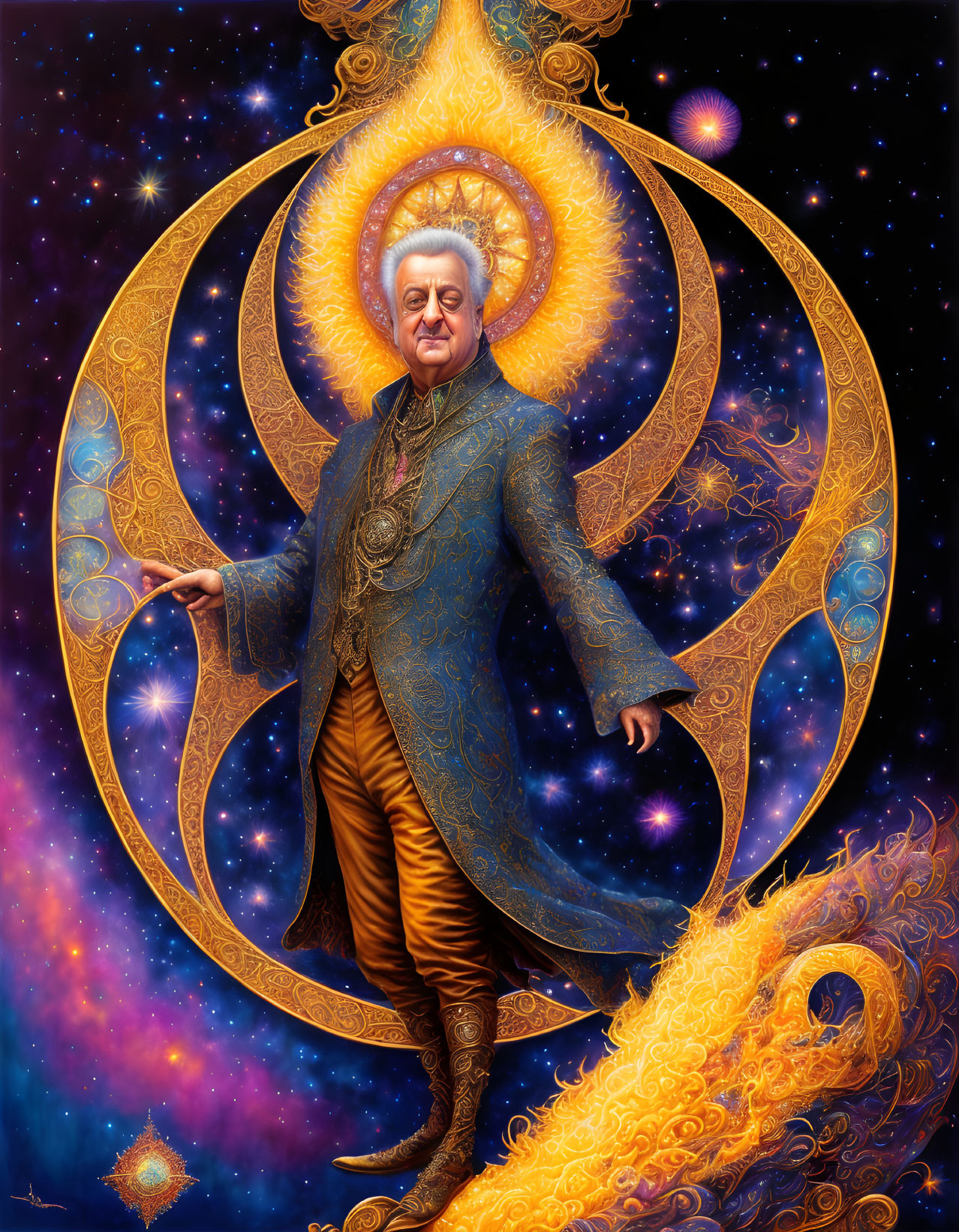 Regal figure in ornate attire surrounded by cosmic elements