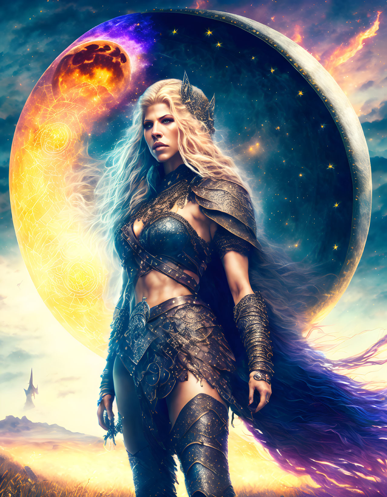 Female warrior in fantasy armor under cosmic sky