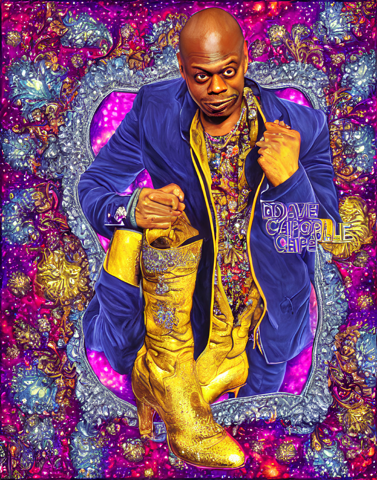 Colorful portrait of a man in blue jacket and gold boots on vibrant background