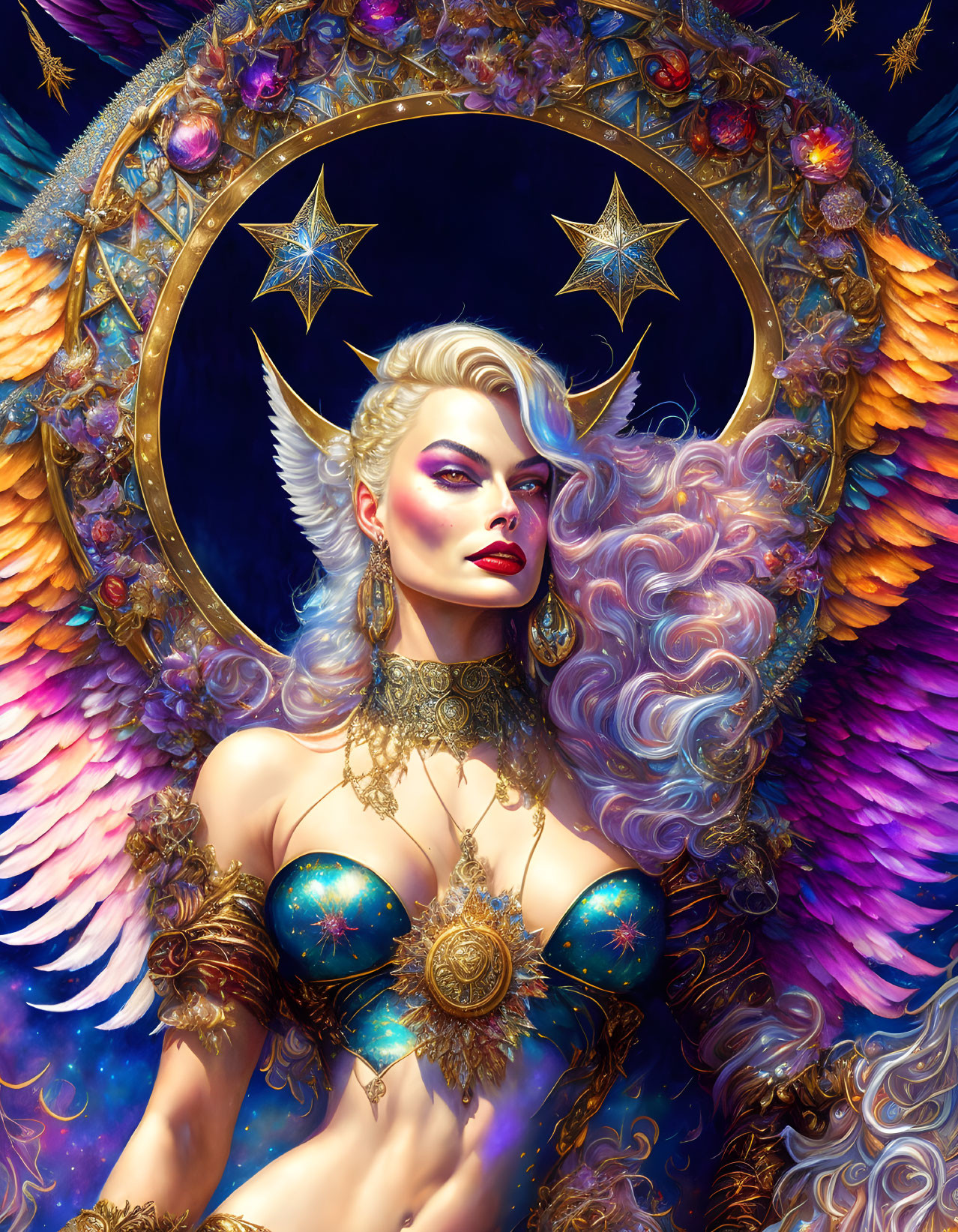 Celestial woman with golden wings and cosmic halo in fantasy artwork