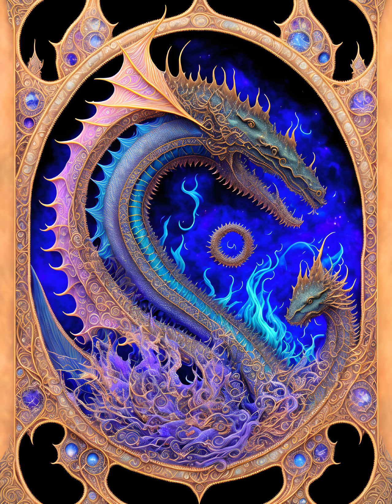 Golden Frame Surrounds Cosmic Dragon in Blue and Purple Hues