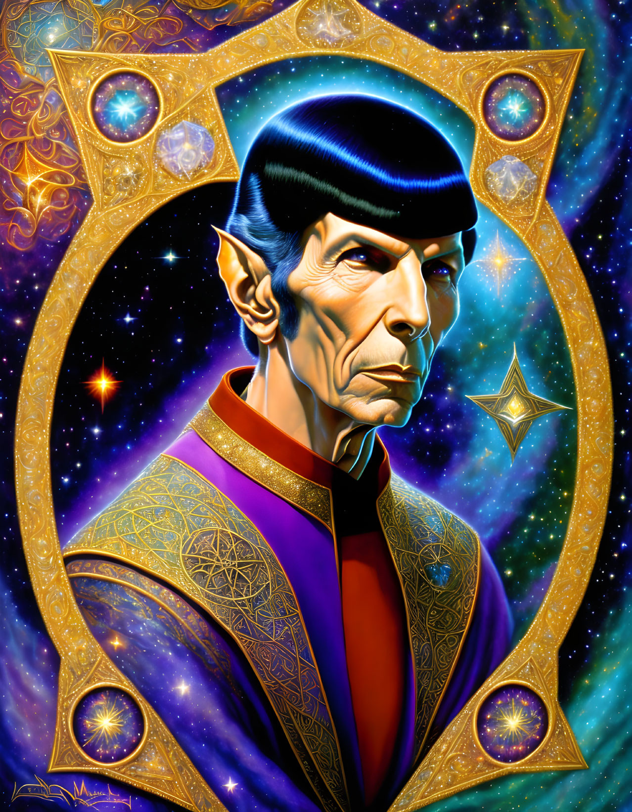 Male character with pointed ears in celestial-themed border