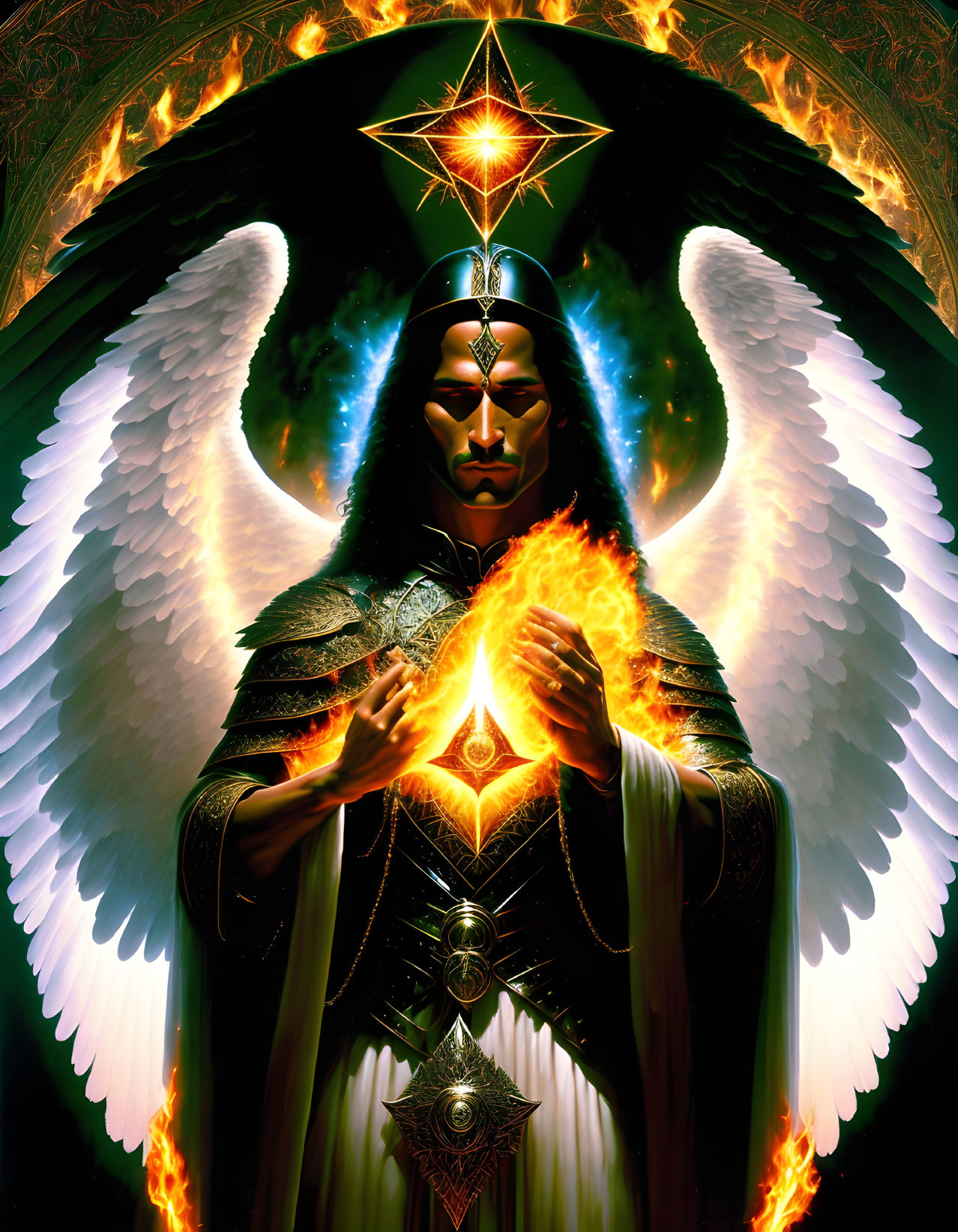 Majestic angel with white wings and fiery halo in regal robes