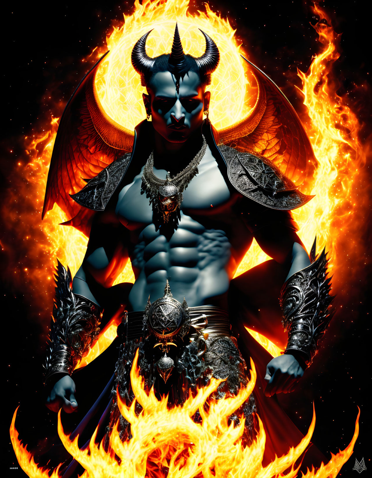 Digital artwork: Horned, winged entity in fiery surroundings with intricate armor.