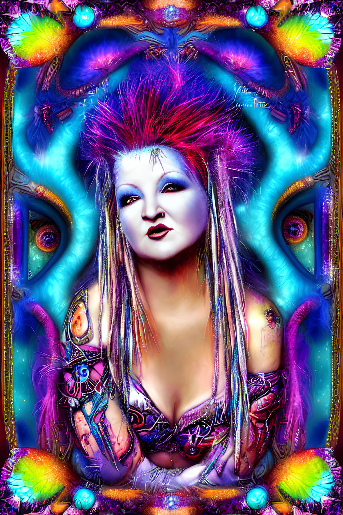 Colorful Digital Artwork: Person with Punk Makeup & Mohawk, Fantastical Elements