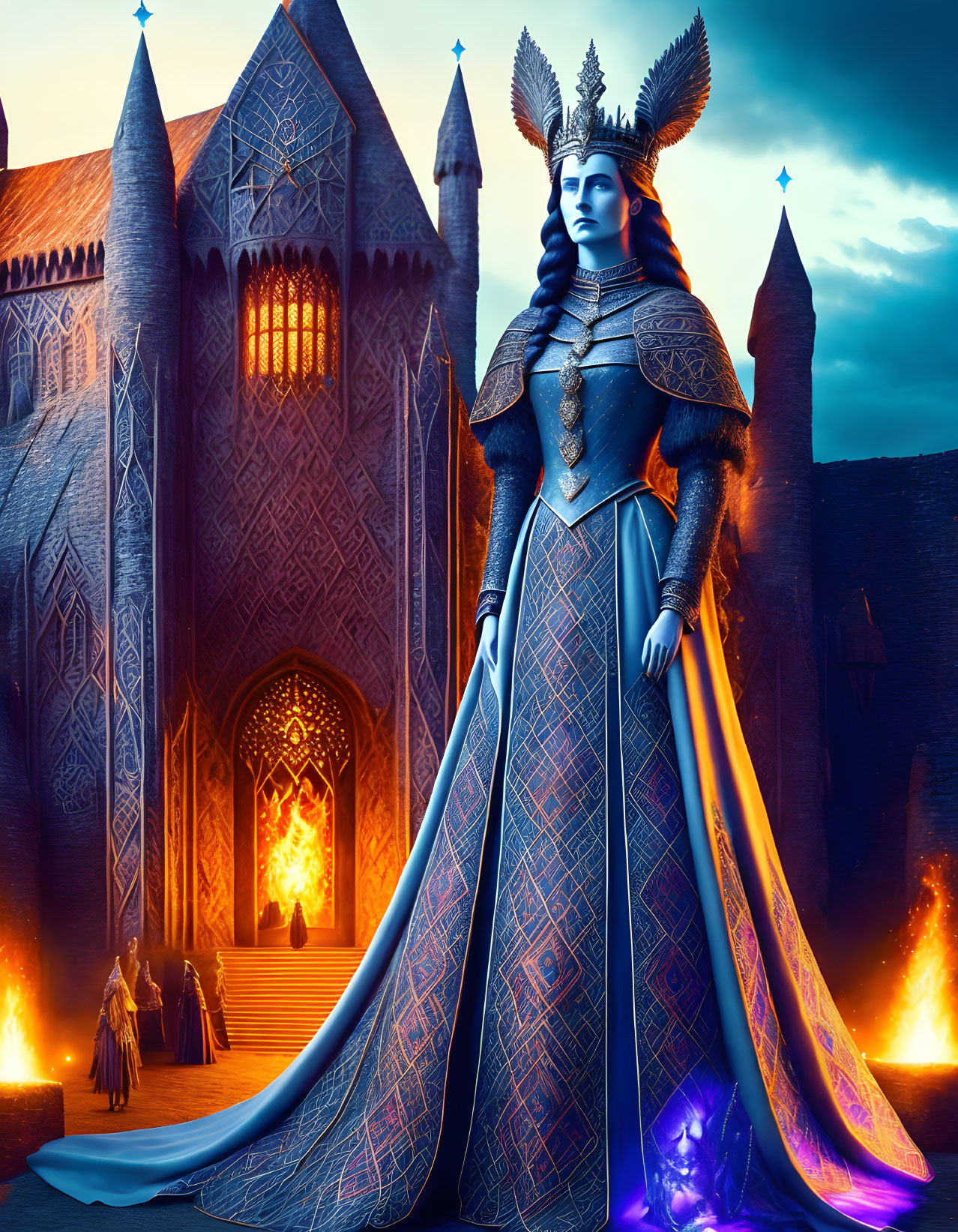 Regal figure in ornate armor before castle at dusk with mystical glow.