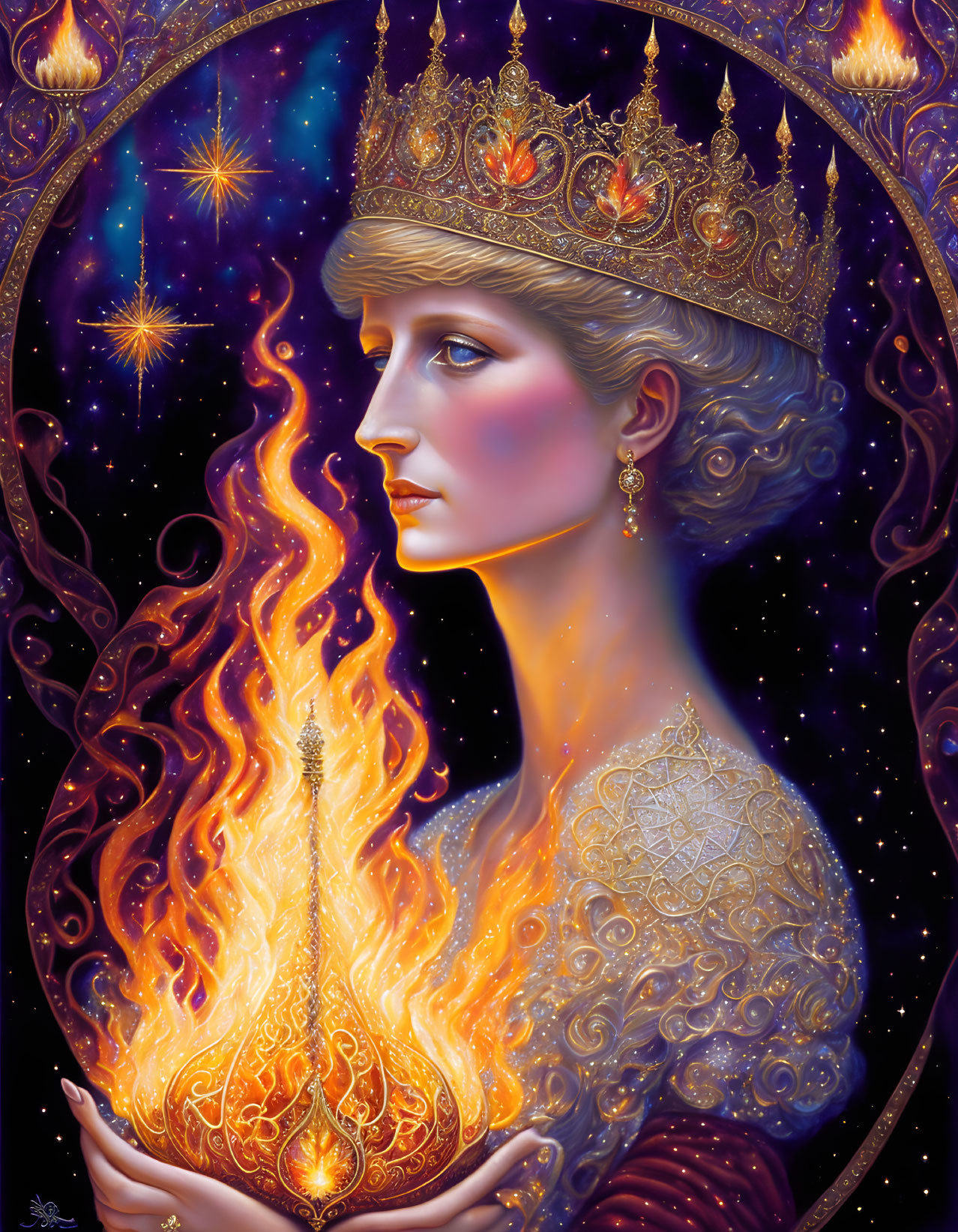 Regal woman with fiery torch and crown in cosmic backdrop.