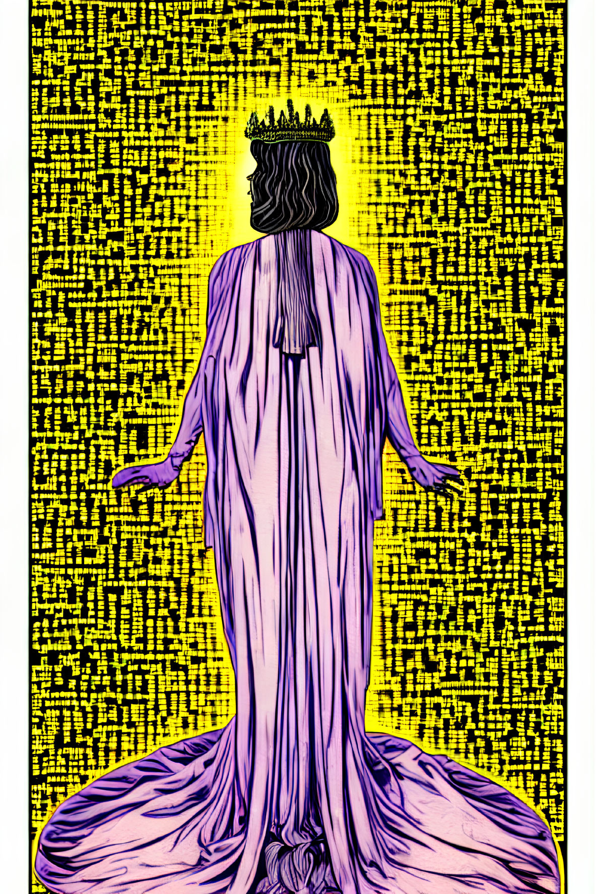 Stylized person in purple robe and crown with halo on yellow background.