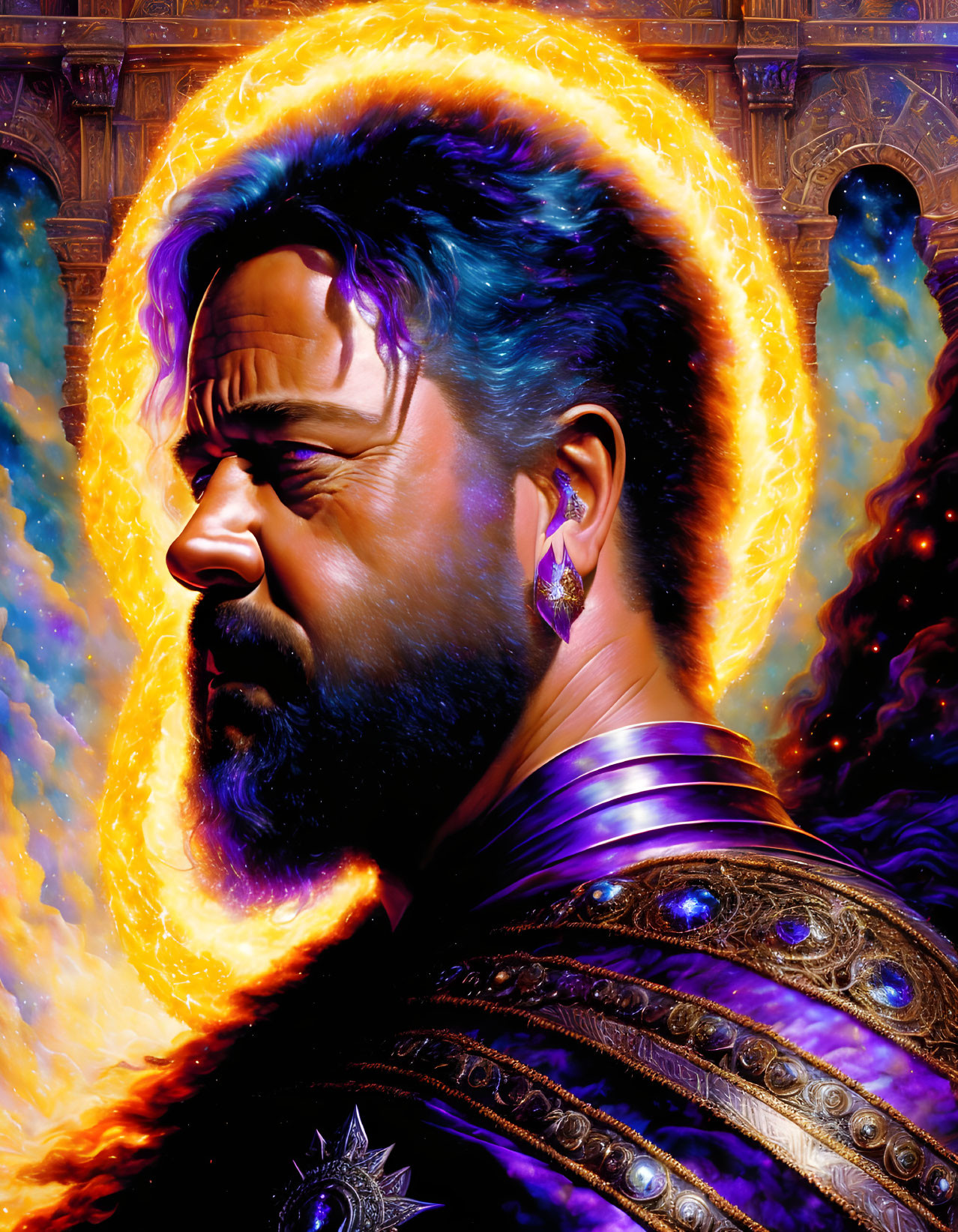 Regal bearded man in glowing halo and intricate attire on vibrant background