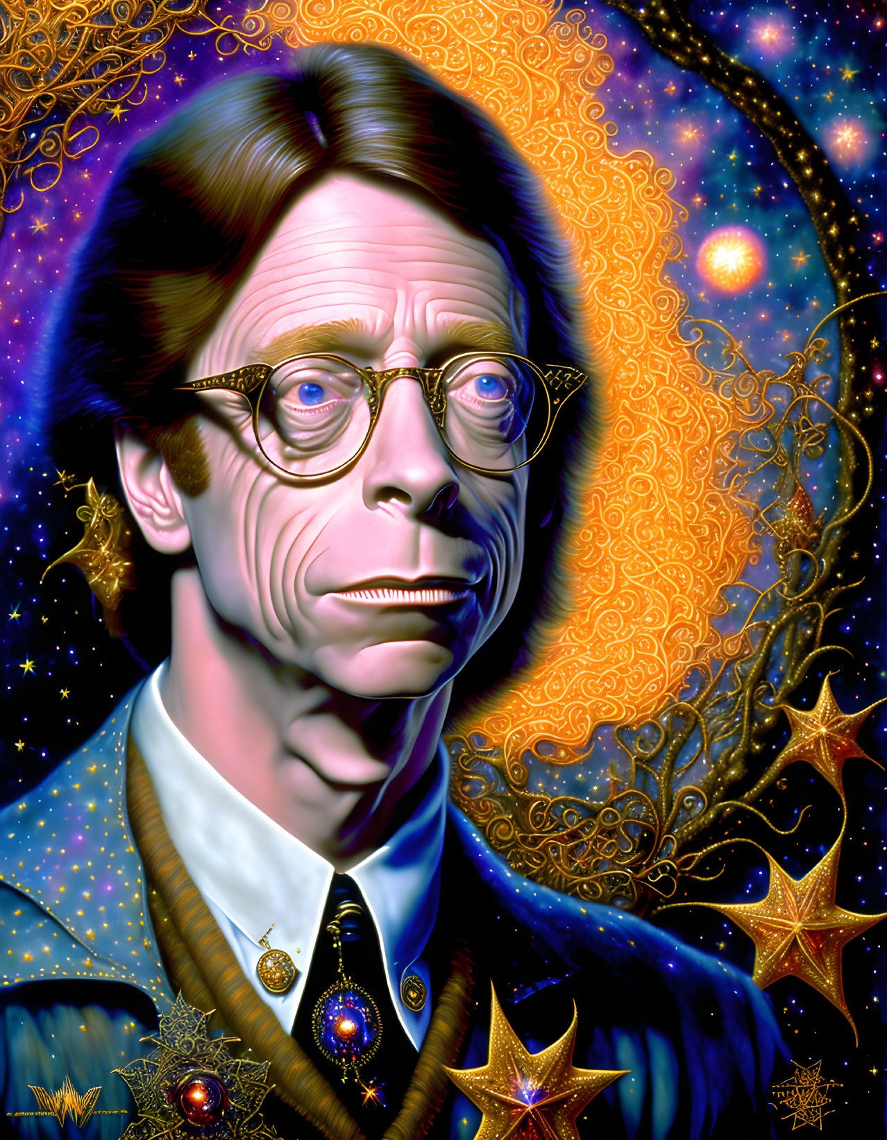 Colorful portrait of man with glasses in celestial-themed setting