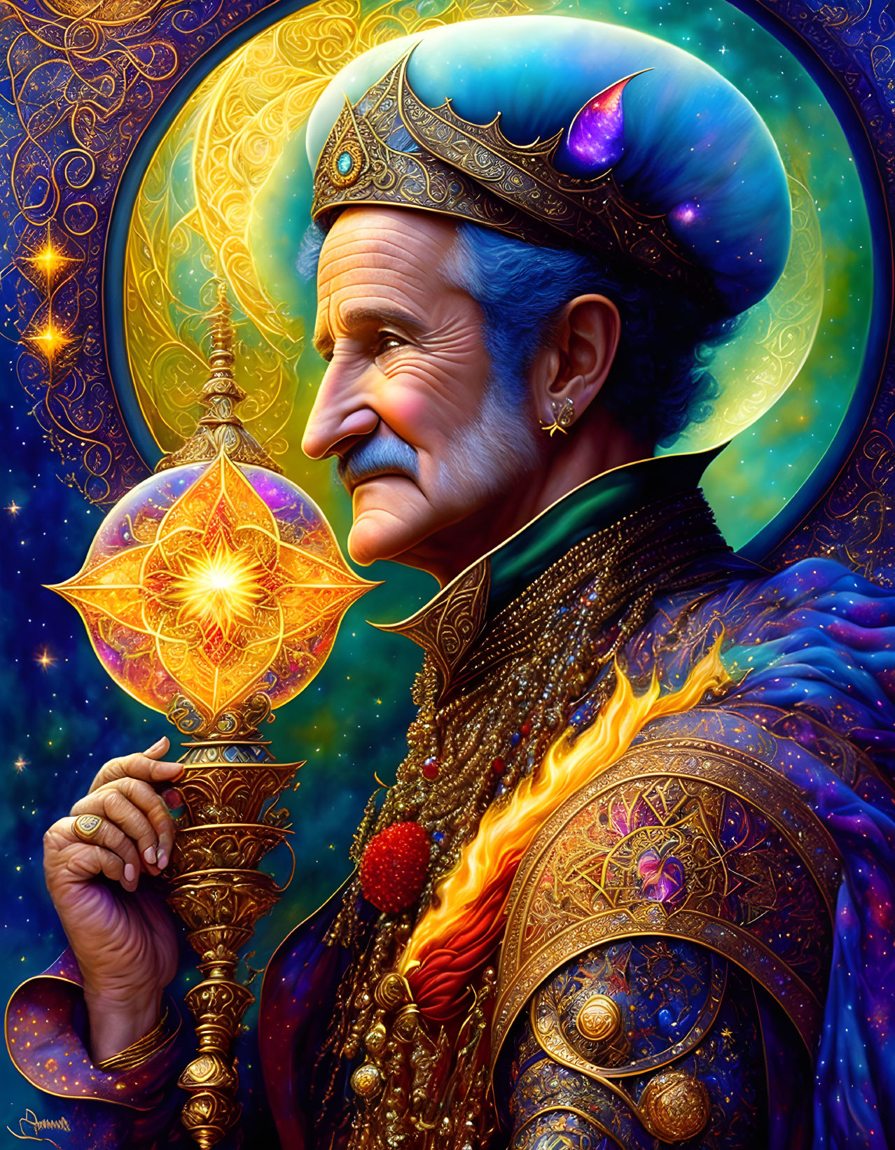 Colorful Portrait of Elder Figure in Turban and Robes with Scepter on Cosmic Background