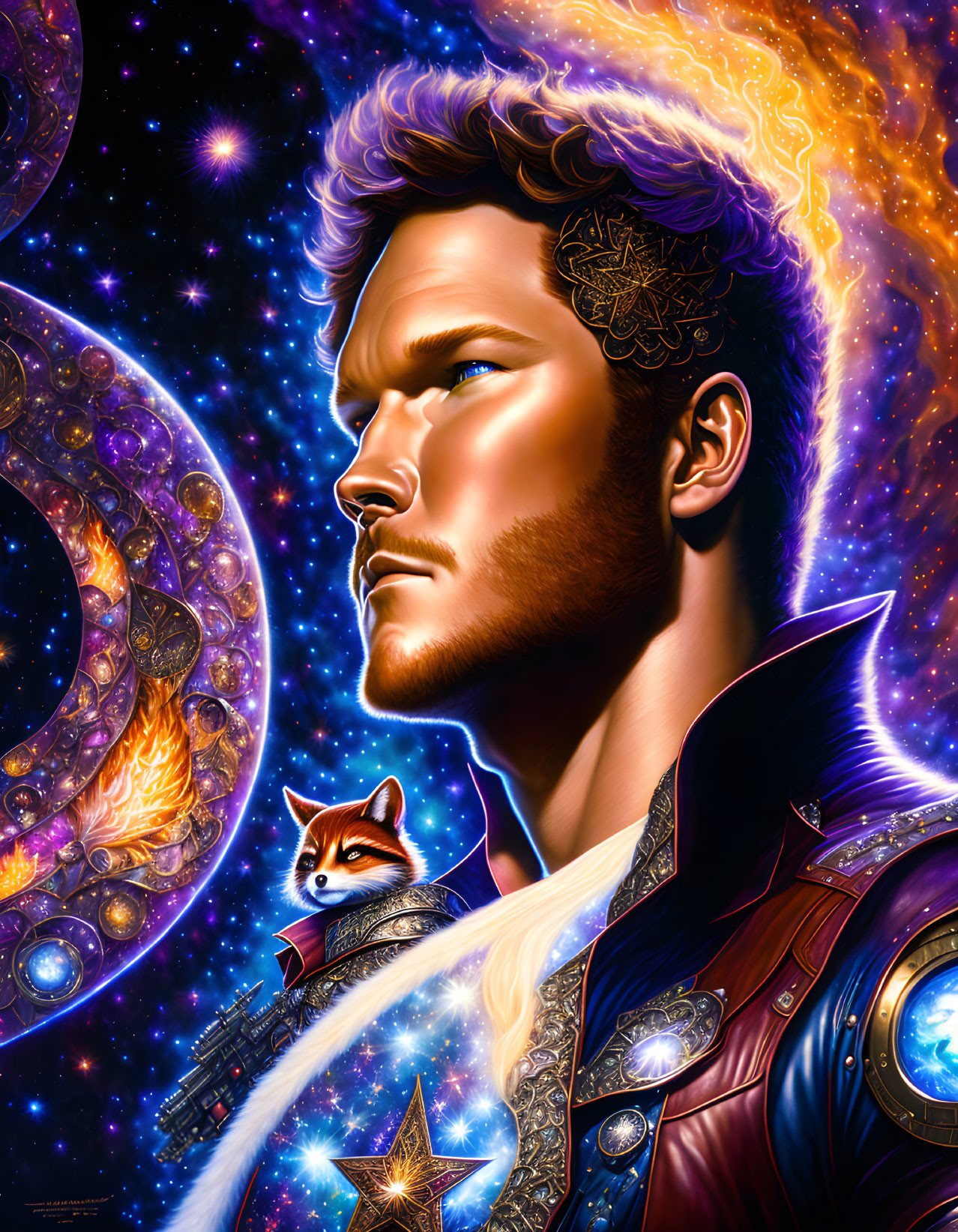 Colorful Stylized Illustration of Man and Raccoon in Cosmic Setting