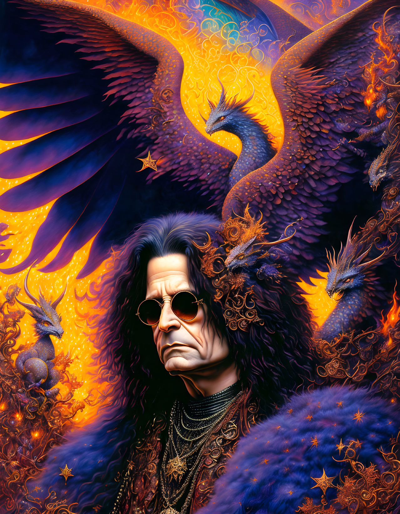 Stylized portrait: Person with dark hair and sunglasses, surrounded by phoenixes in cosmic backdrop