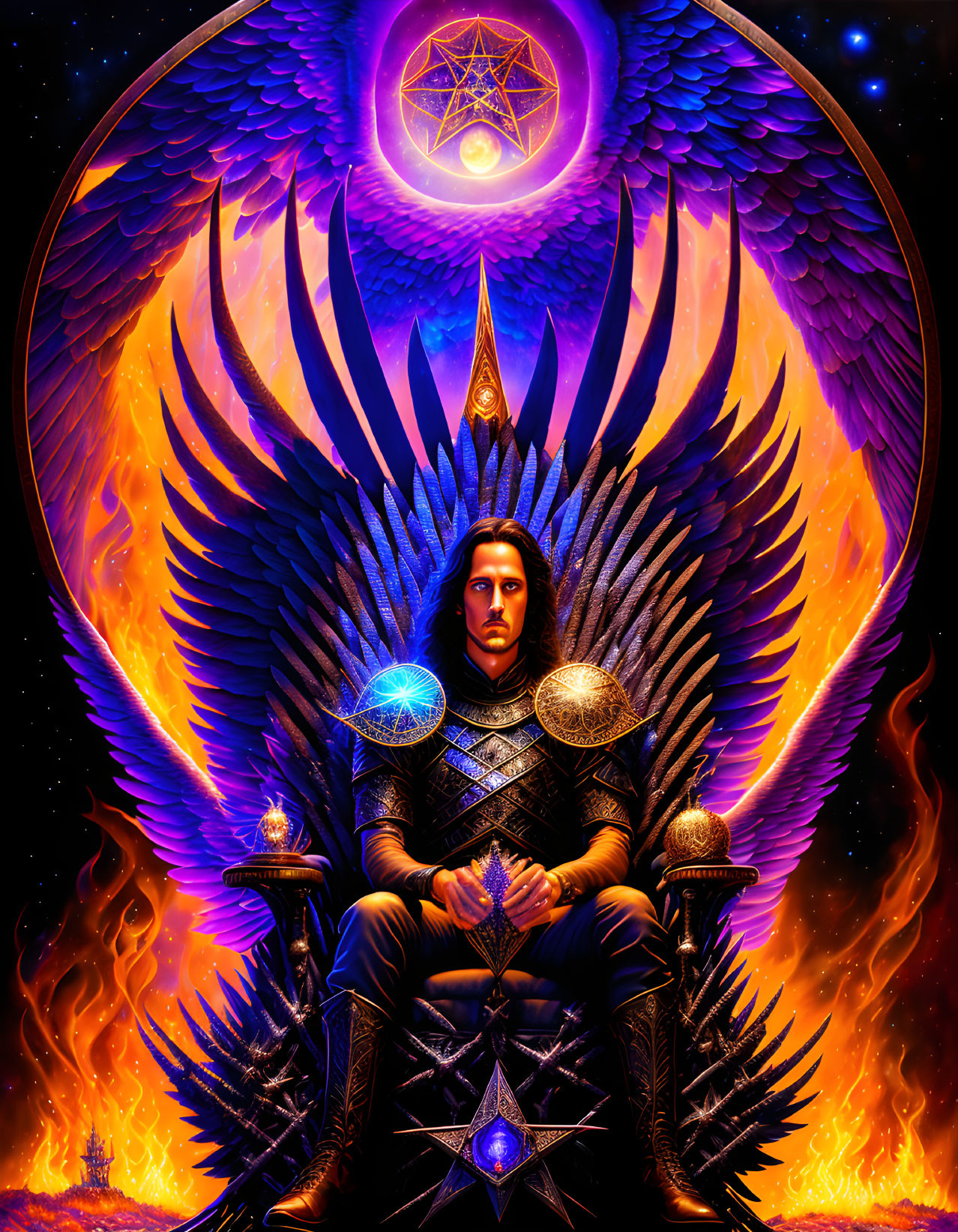 Regal figure on throne with fiery wings and mystical symbols.