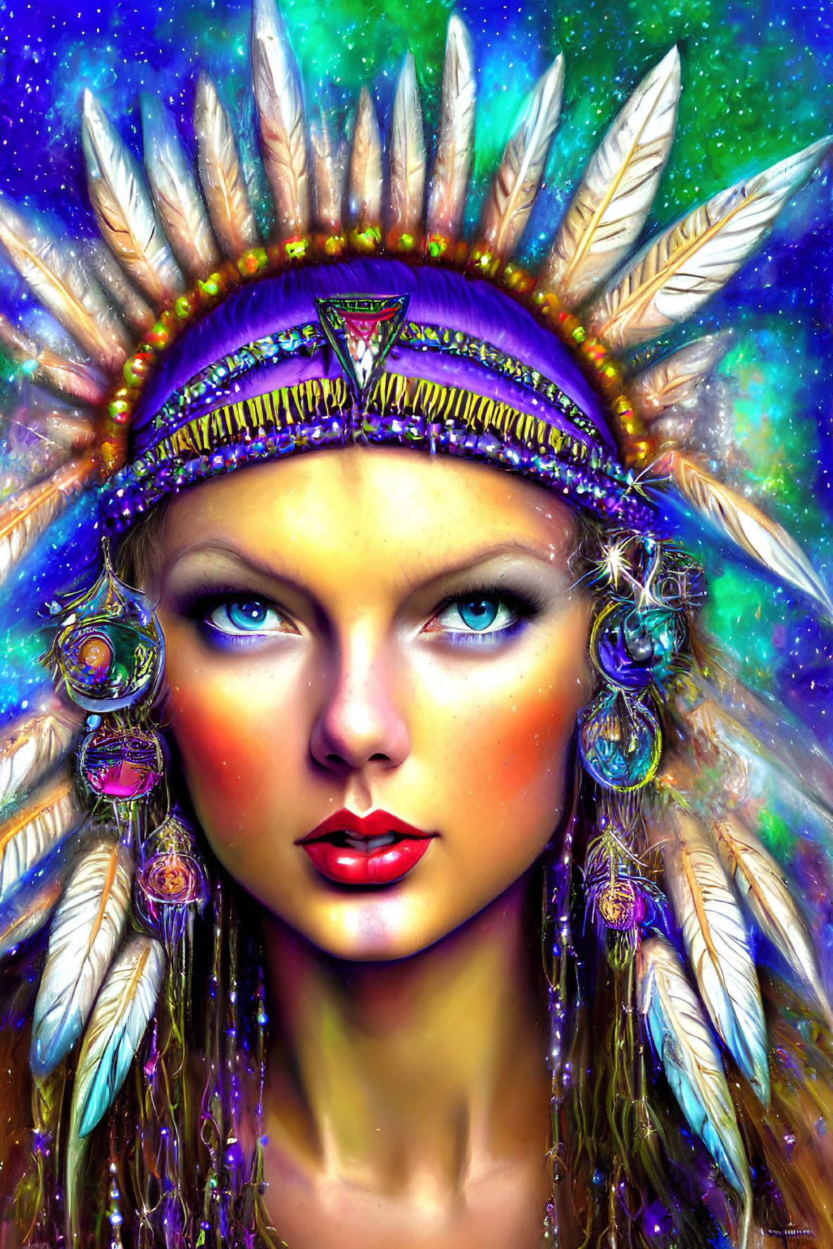 Colorful digital portrait of a woman with feather headdress and cosmic background