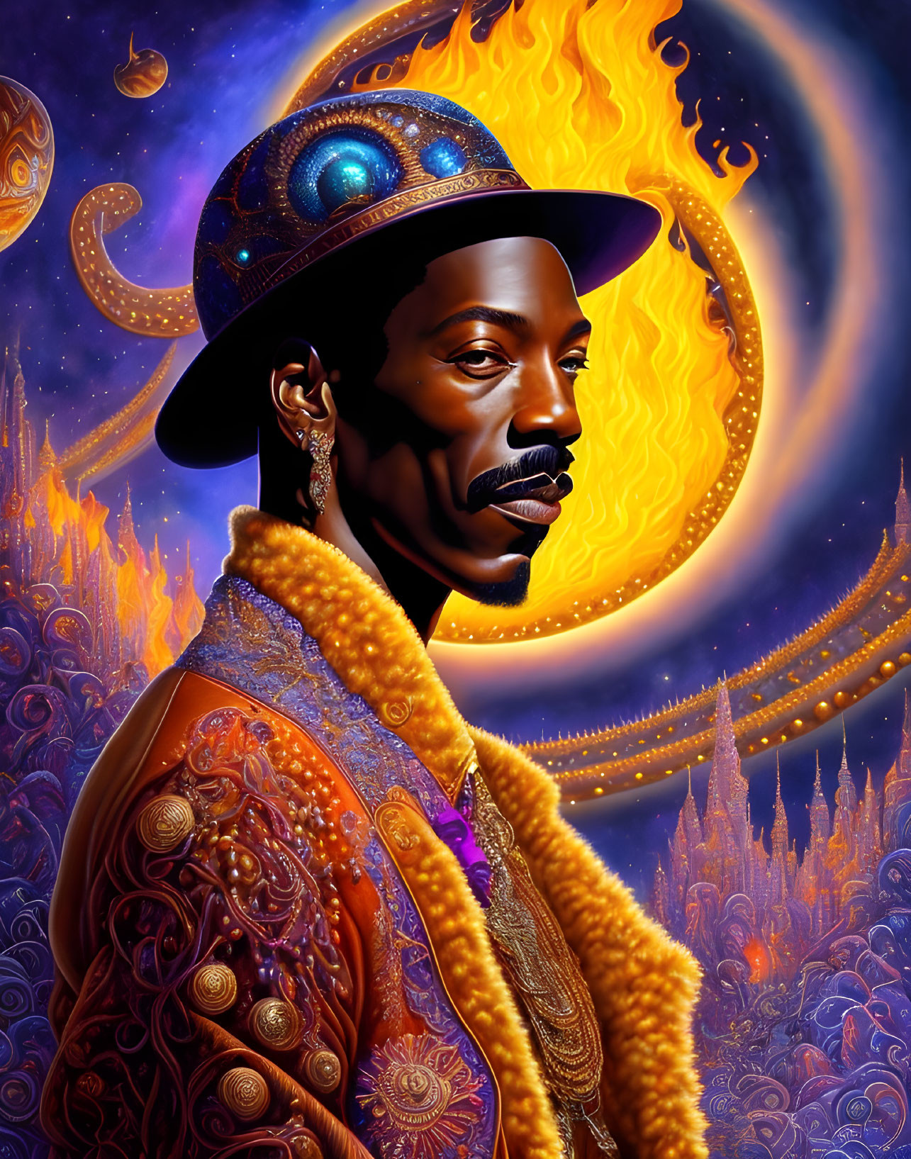 Man in regal attire with mustache against cosmic backdrop