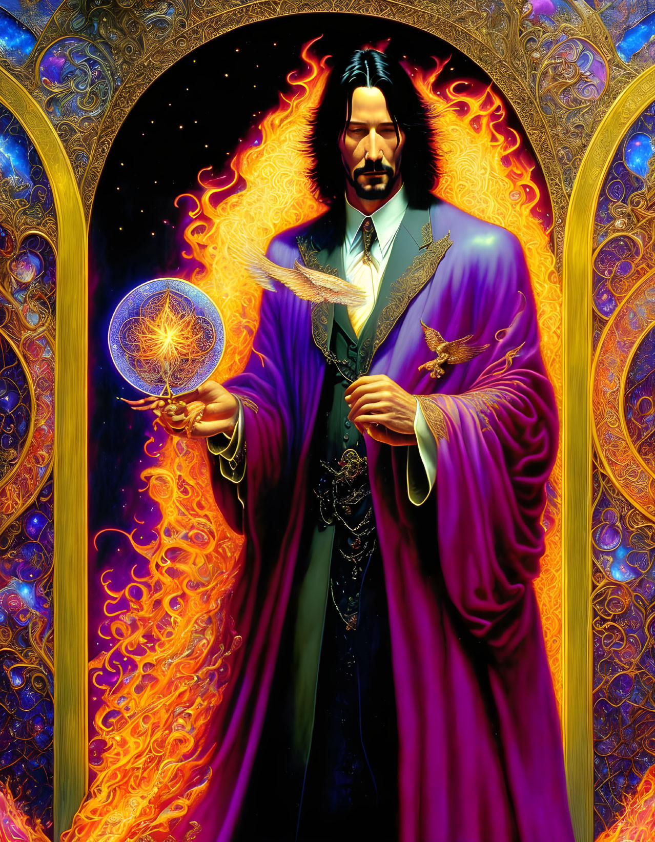 Sorcerer-like man with fiery mane holding orb and feather in mystical archway