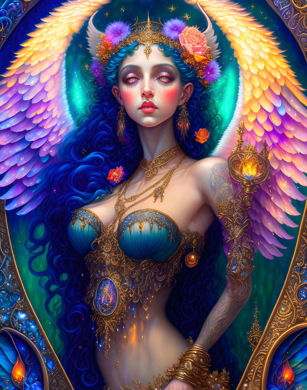 Vibrant winged woman with golden ornaments and flowers in hair on blue backdrop