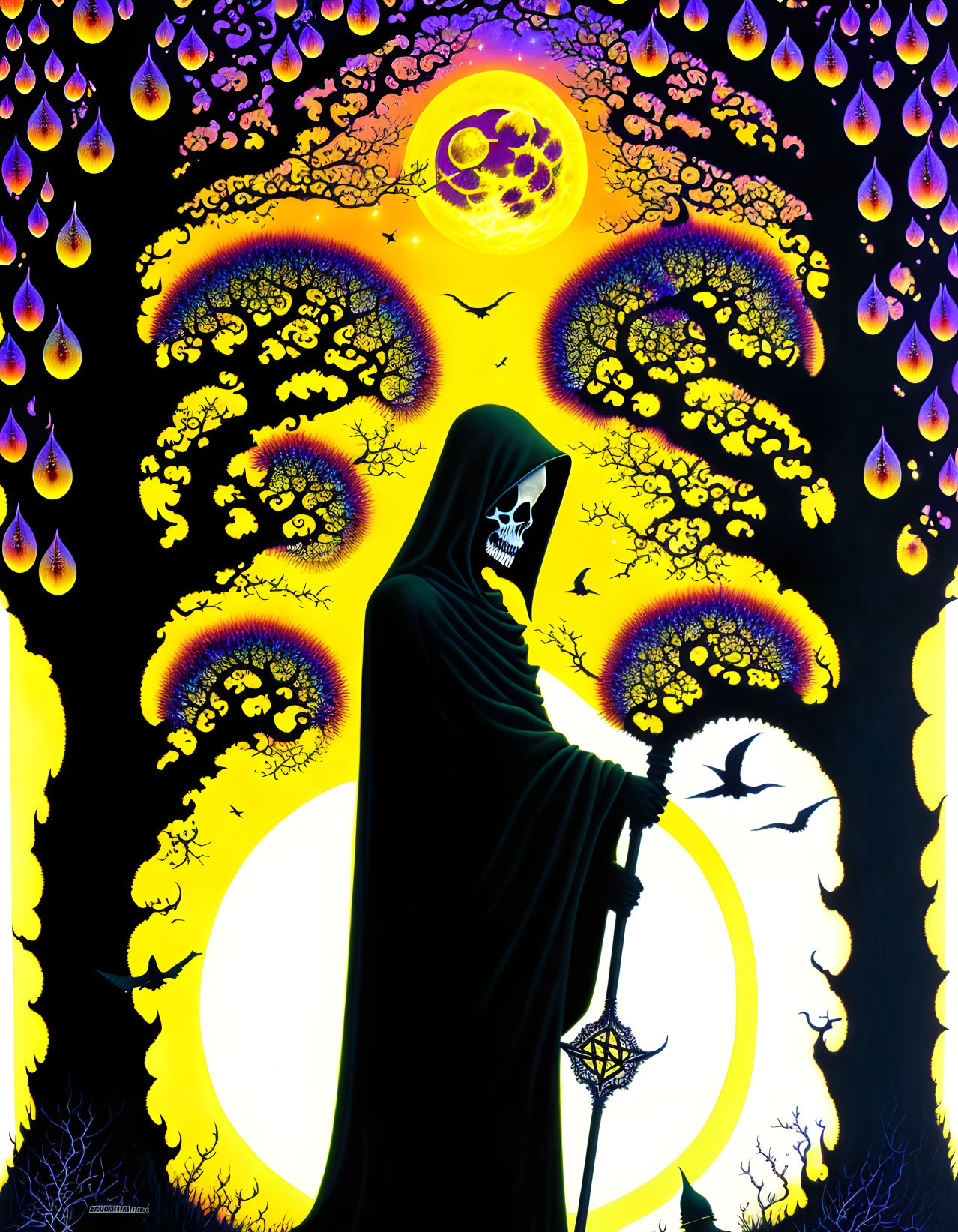 Skull-faced figure with staff on vibrant psychedelic backdrop