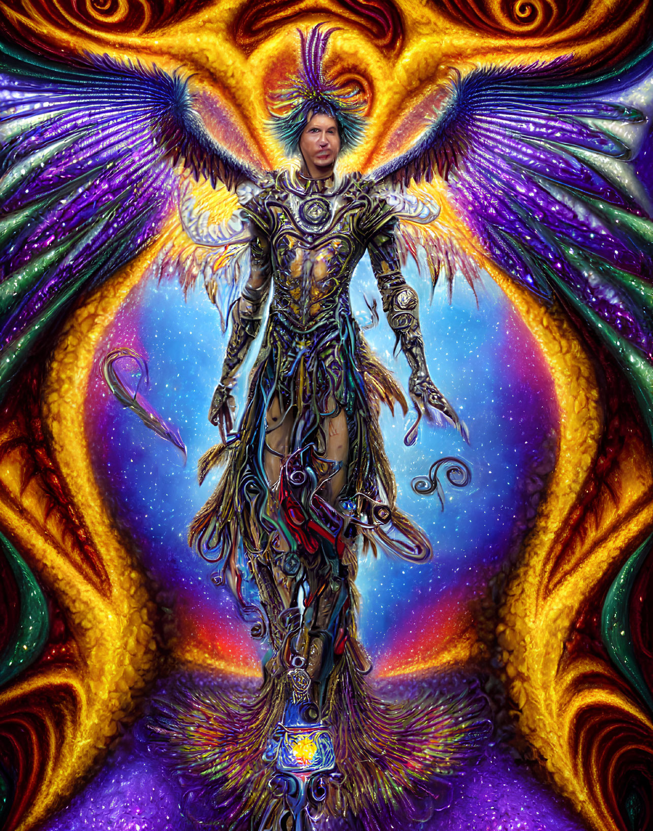 Elaborate winged armor on fantastical figure in vibrant cosmic scene