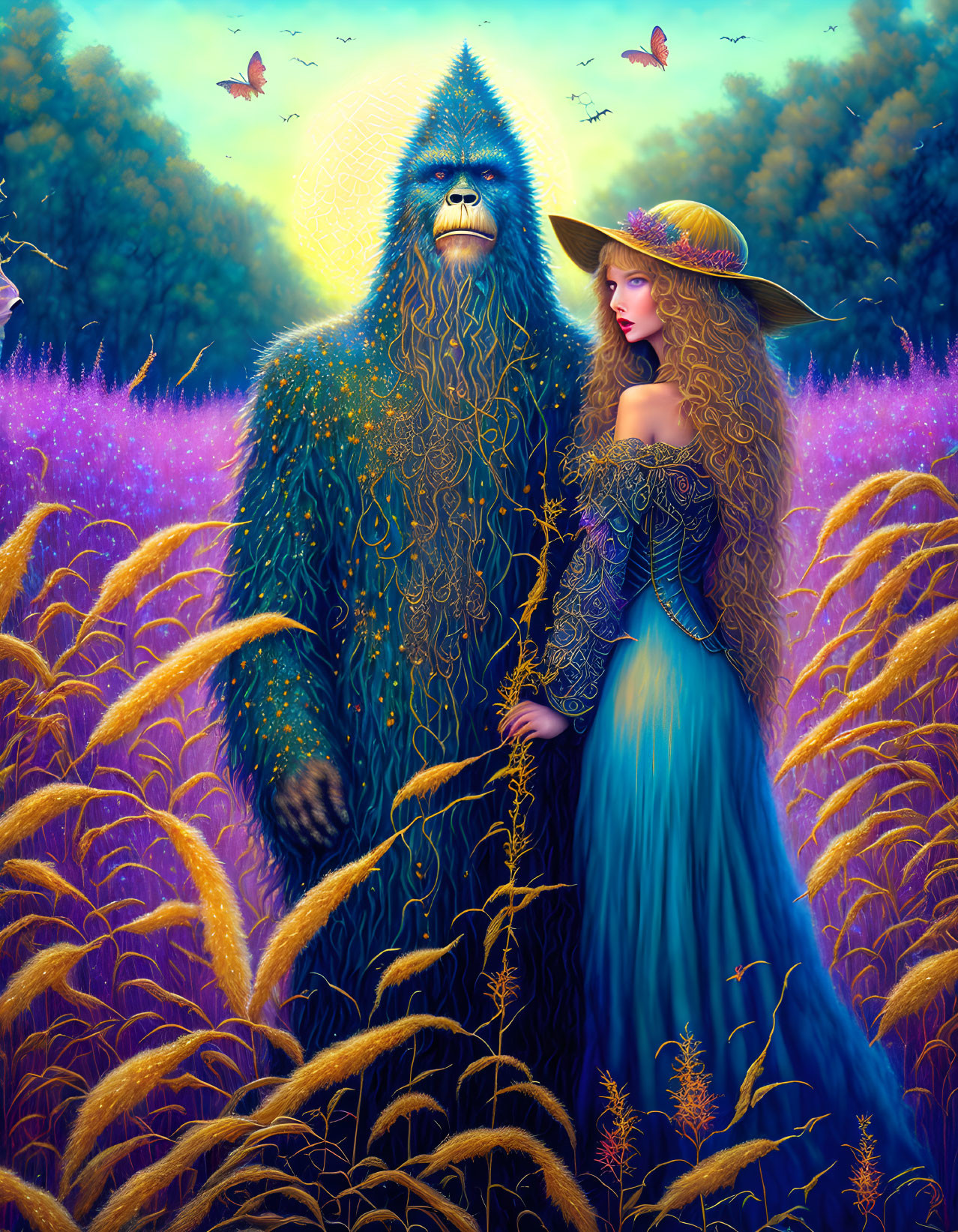 Fantastical illustration of woman with blue gorilla in vibrant purple field