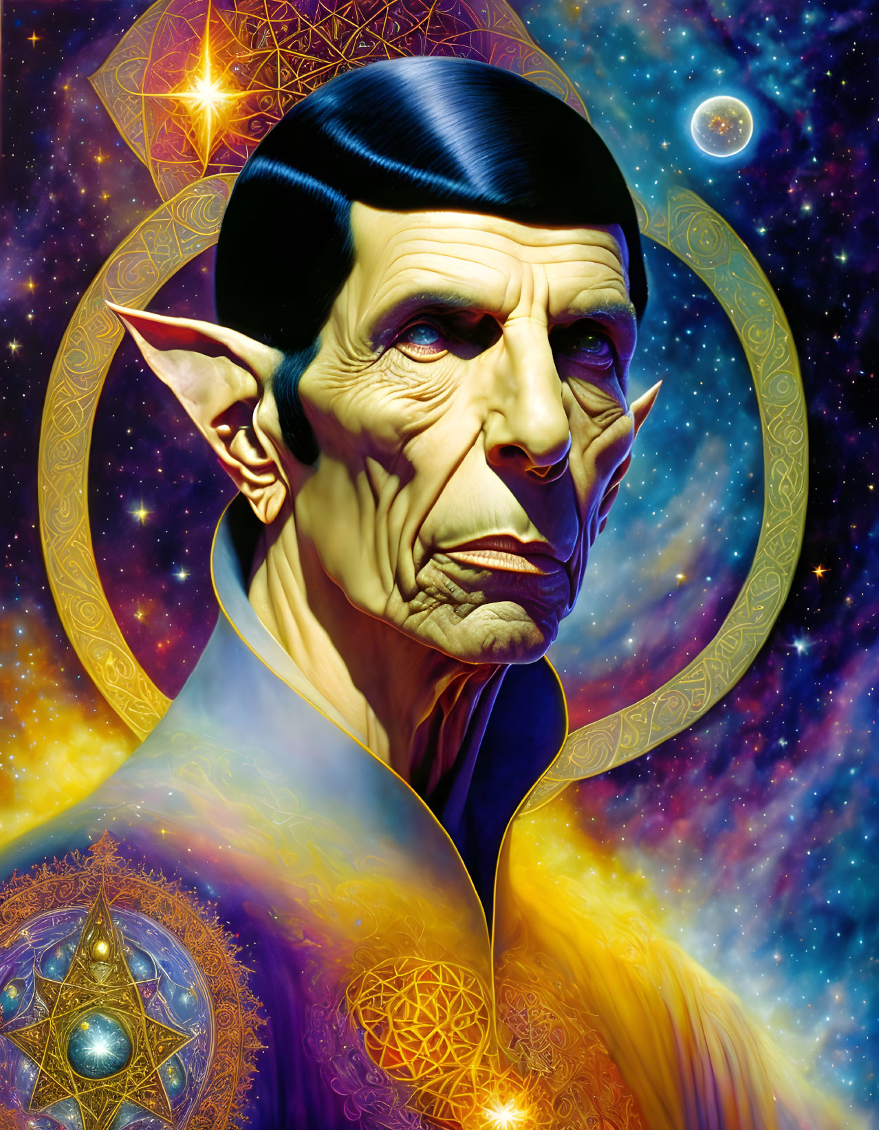 Illustrated portrait of male character with pointed ears and high cheekbones on cosmic background.