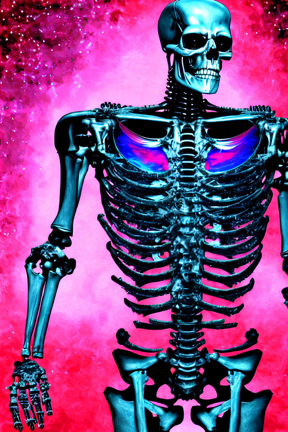 Glowing blue-eyed human skeleton on pink background