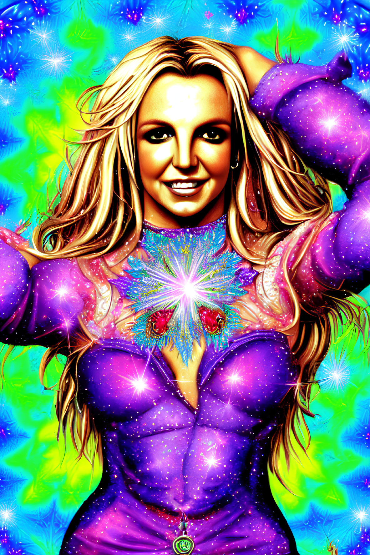 Colorful digital portrait of a smiling woman with long blonde hair and psychedelic elements