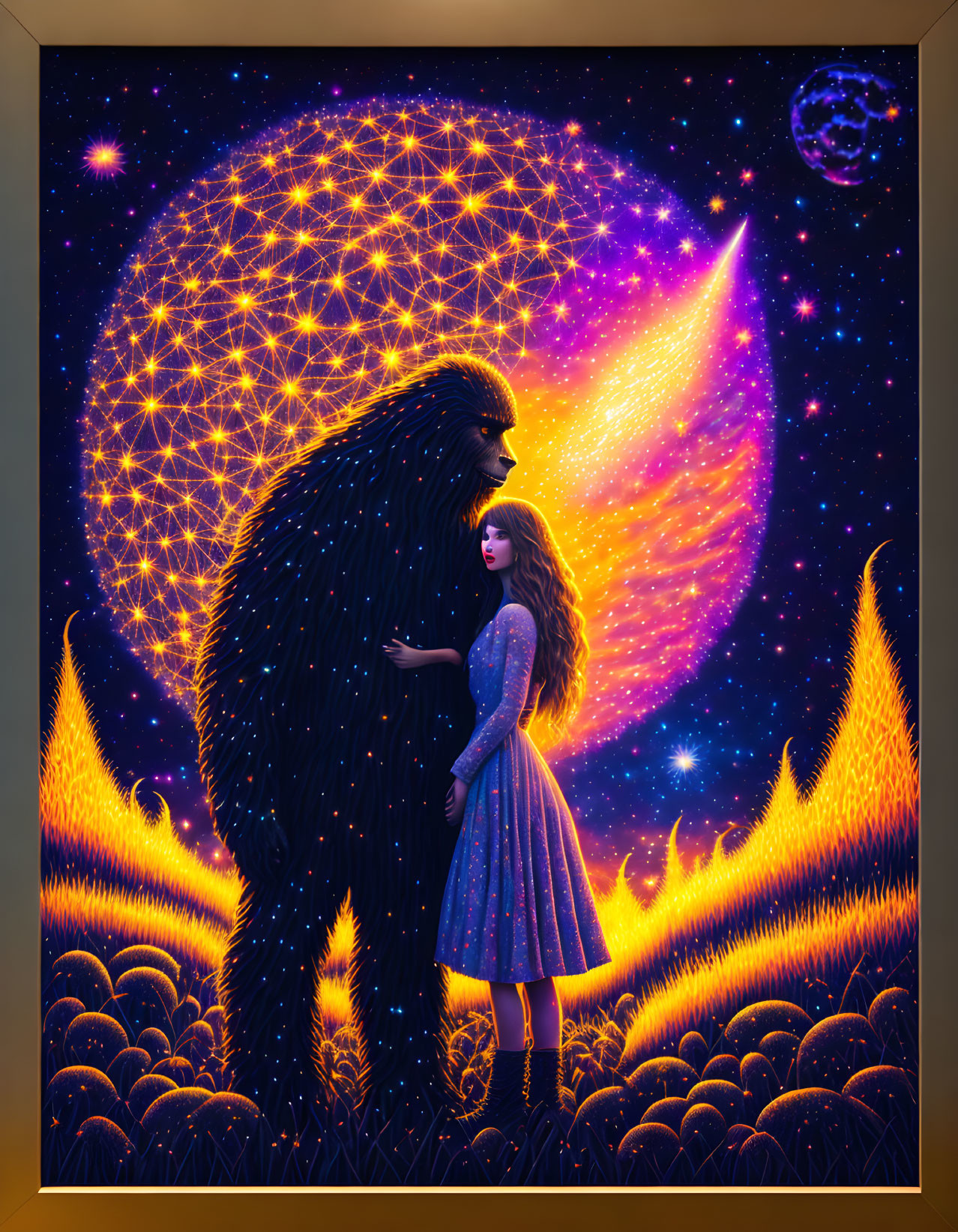 Illustration of girl with giant furry creature in magical night scene