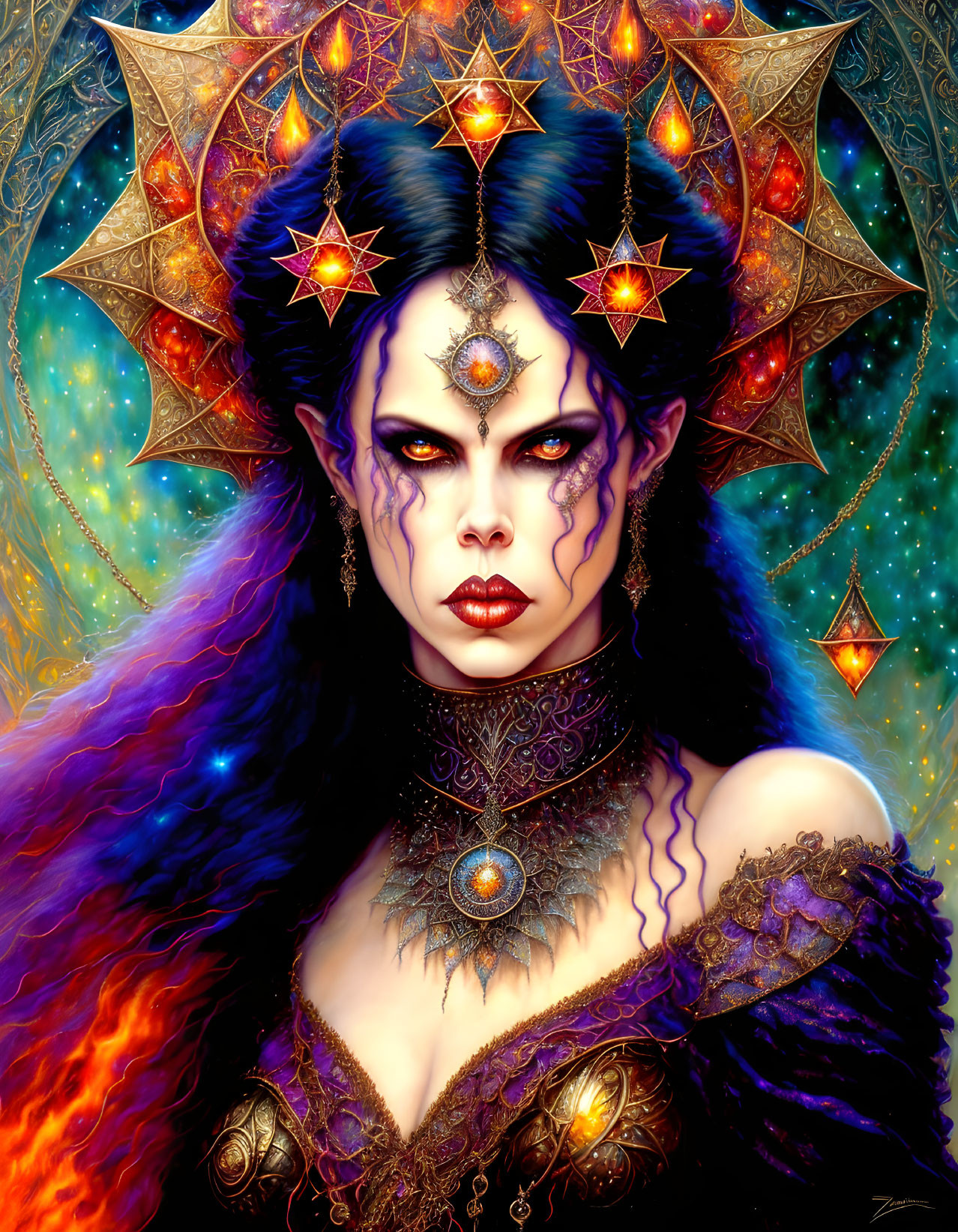 Fantasy illustration of woman with star-shaped crown and vibrant makeup