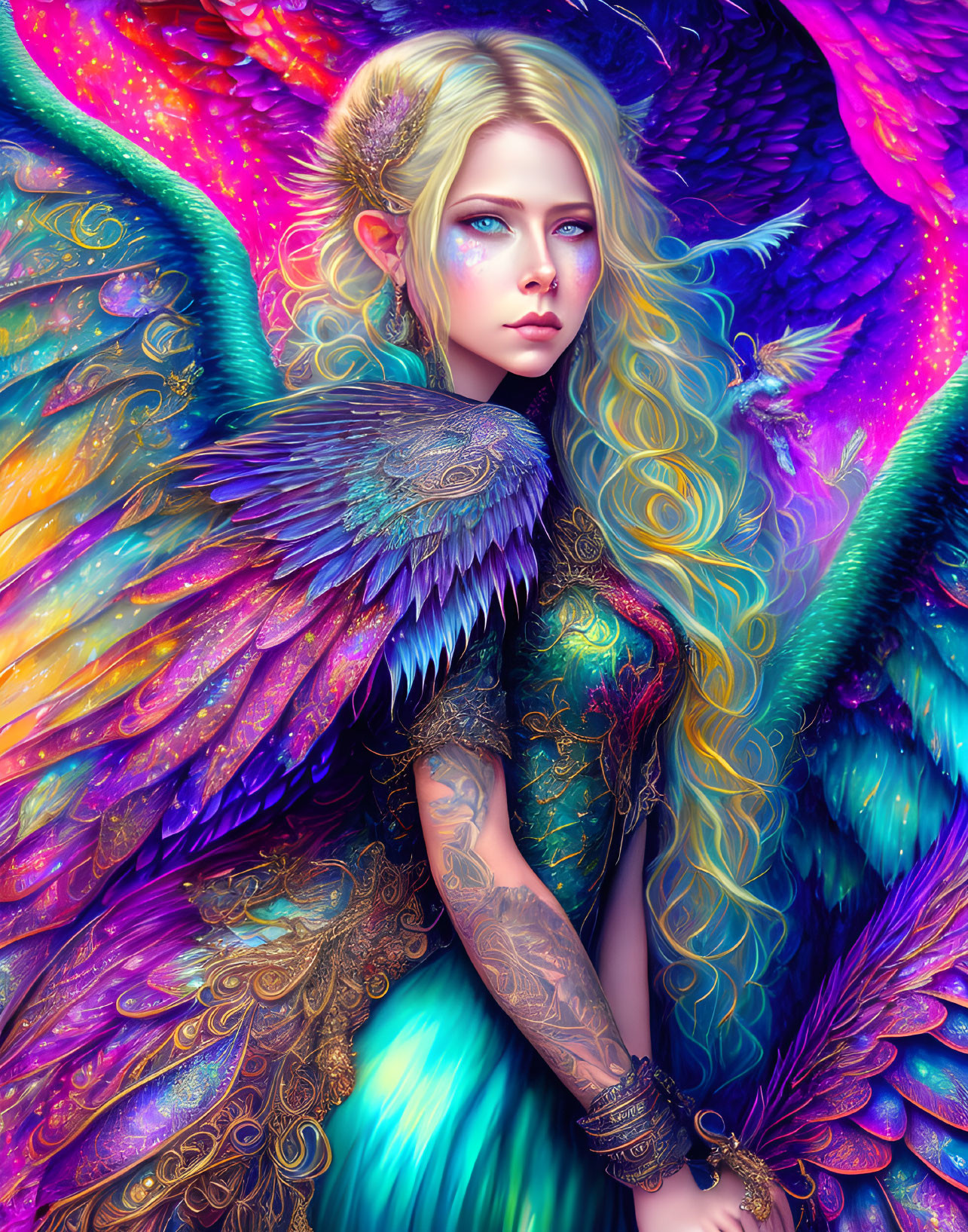 Colorful illustration of woman with angelic wings and tattoos.