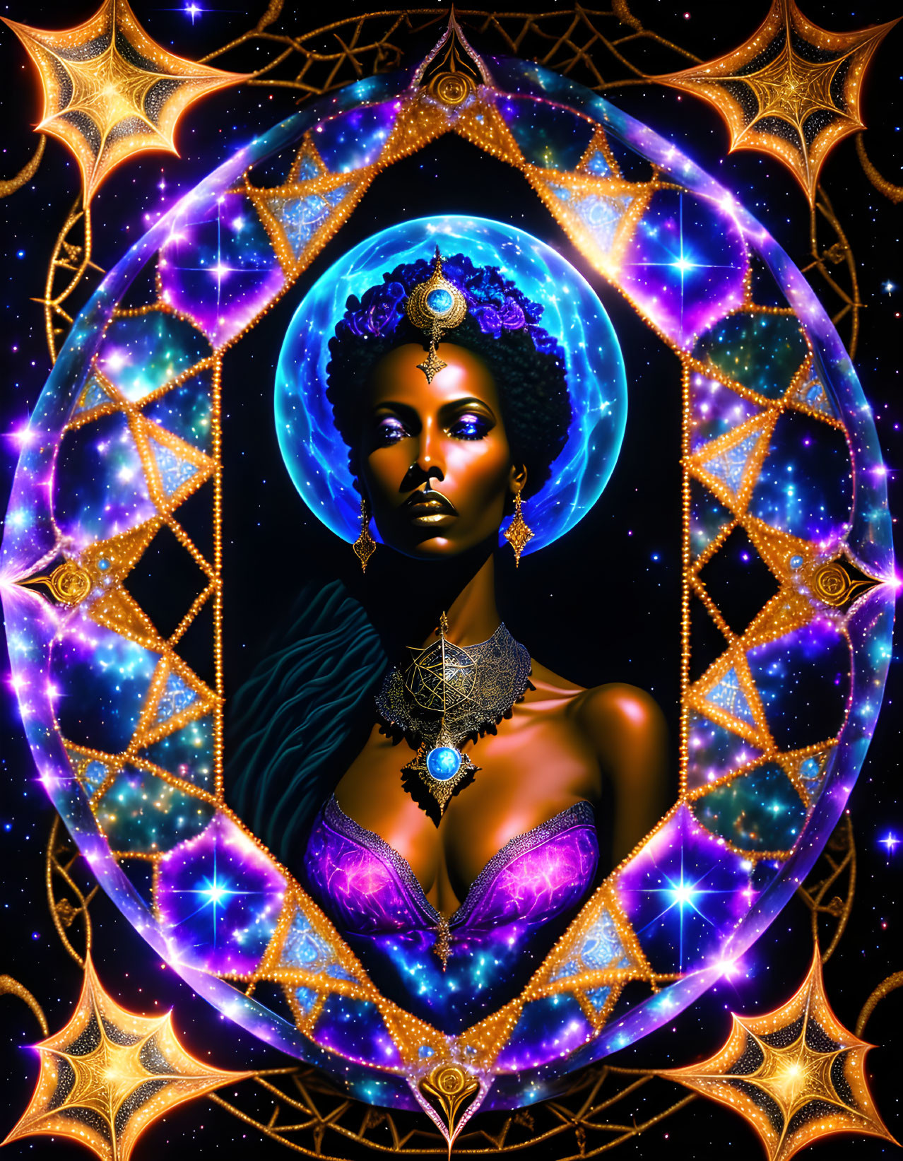 Cosmic-themed digital artwork of a woman with celestial jewelry