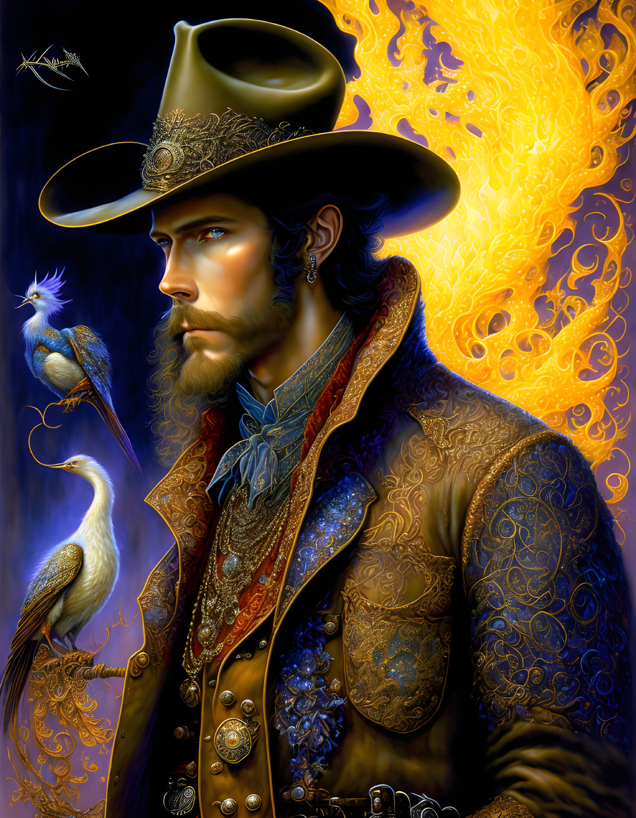 Stylized illustration of bearded man in cowboy hat with exotic birds against fiery backdrop